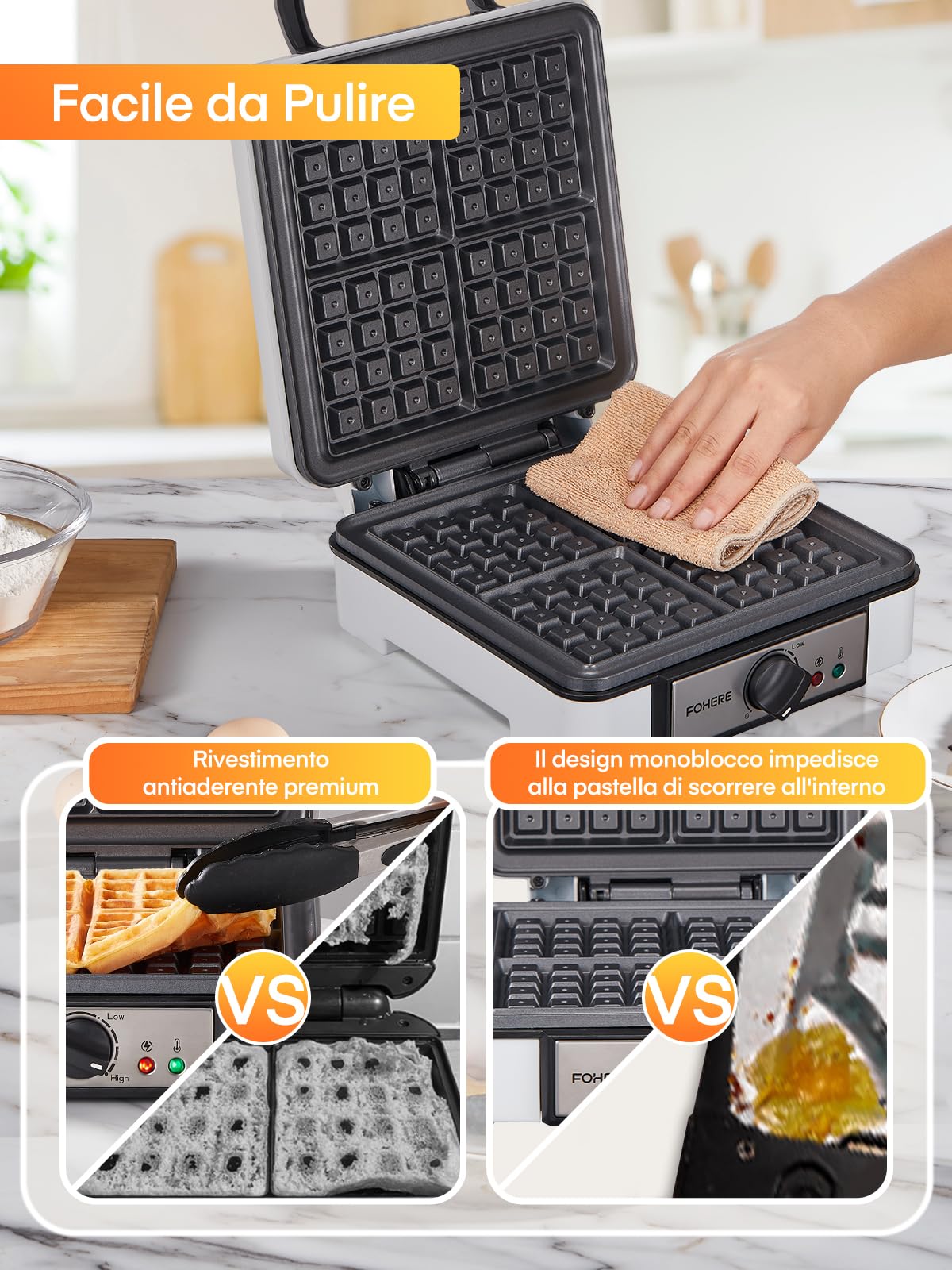 FOHERE Piastra per Waffle Belga, Macchina per Waffle Quadrato, Antiaderente a 4 Fette, Rivestimento Antiaderente, 5 Pulsanti di Doratura Indicatori Luminosi, 1200W Waffle Maker
