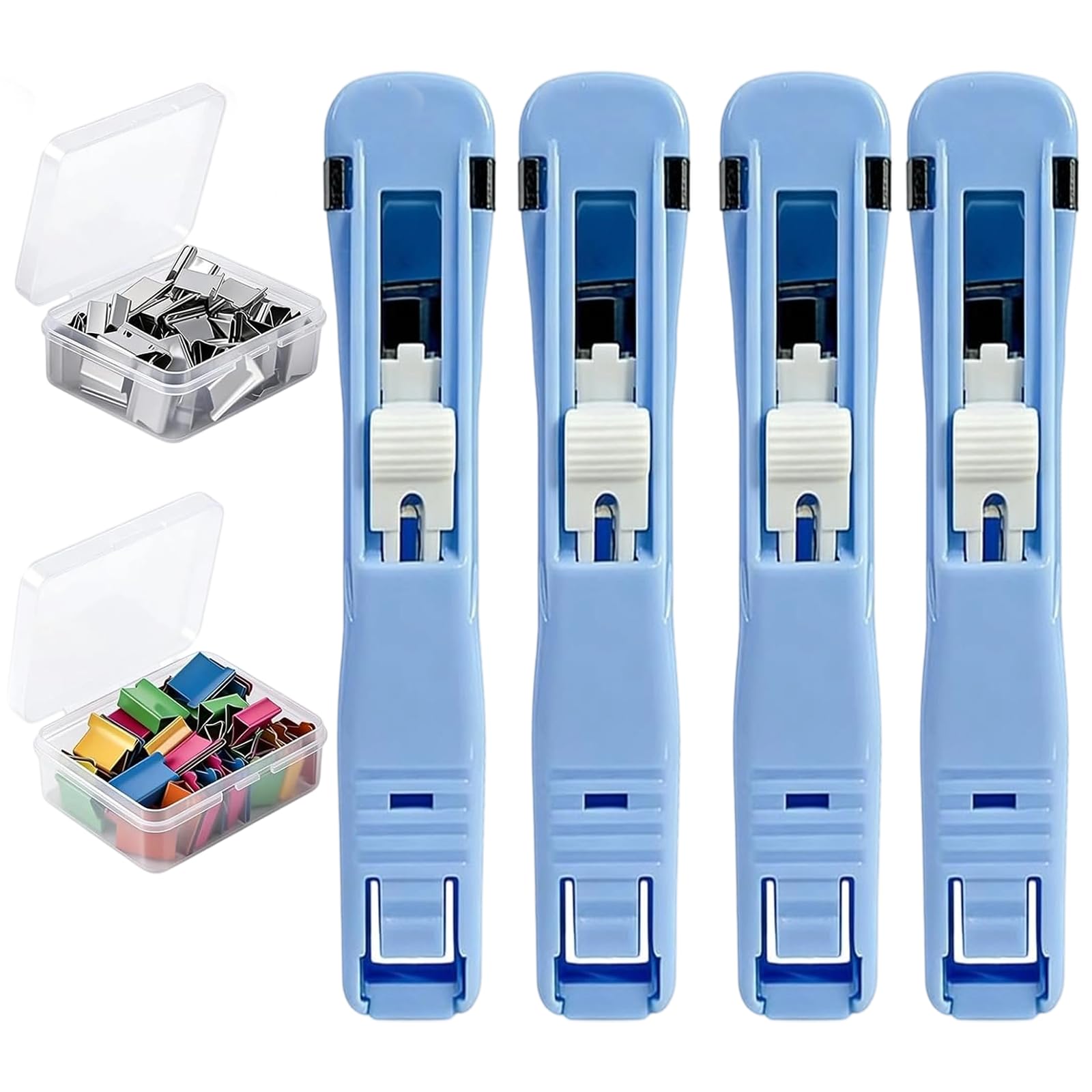 Portable Binder Clip Stapler - Includes 100 Reusable Clips, Handheld Paper Binder Clip Dispenser for Desk Document, Metal Office Supplies in Clear Box for Home Organization School (4PCS-Light Blue) — image 1