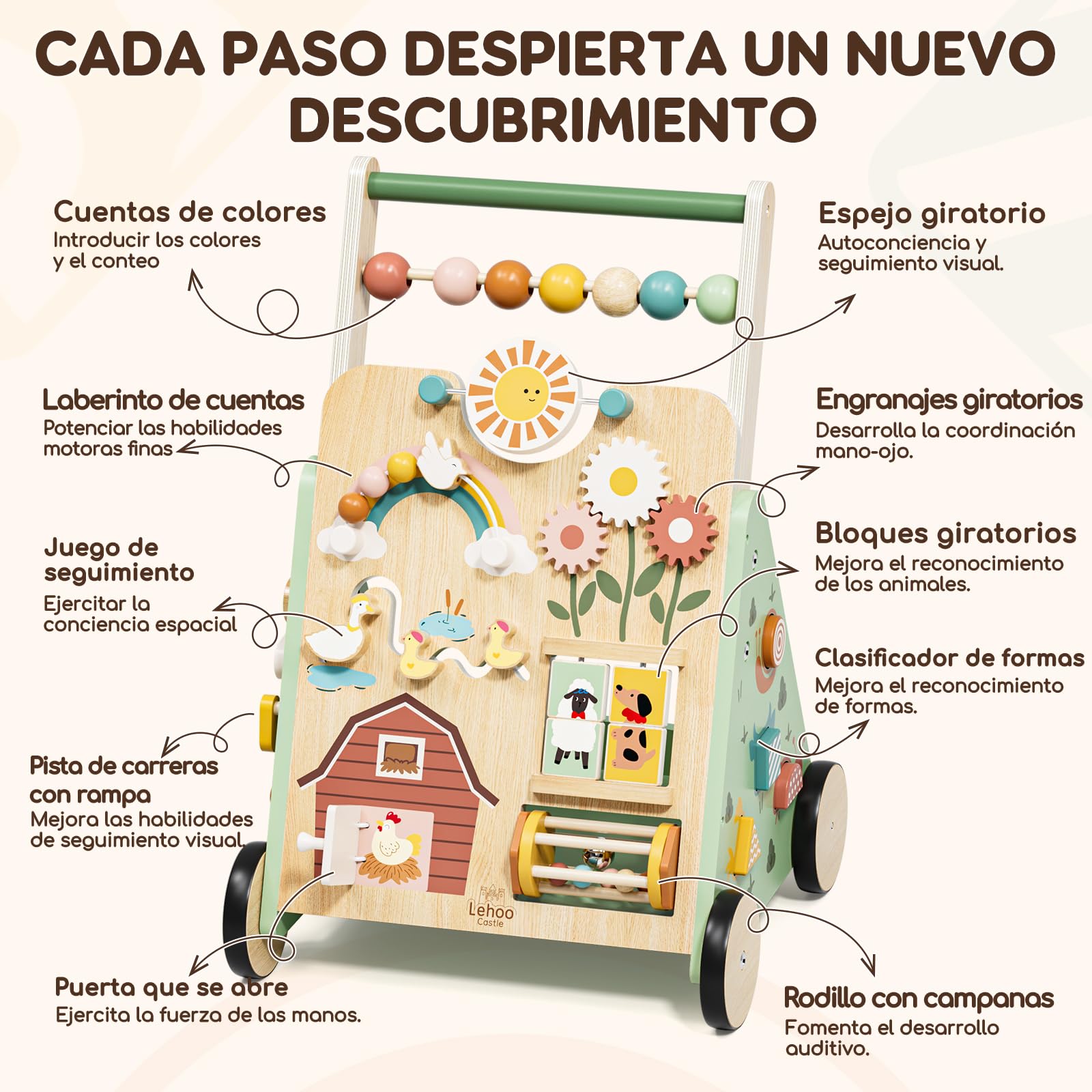 Andador Bebes, Ajustable Caminador Bebe de Madera con Busy Board Montessori, Baby Walker para Niña Niño, Regalo Bebé 1 Año