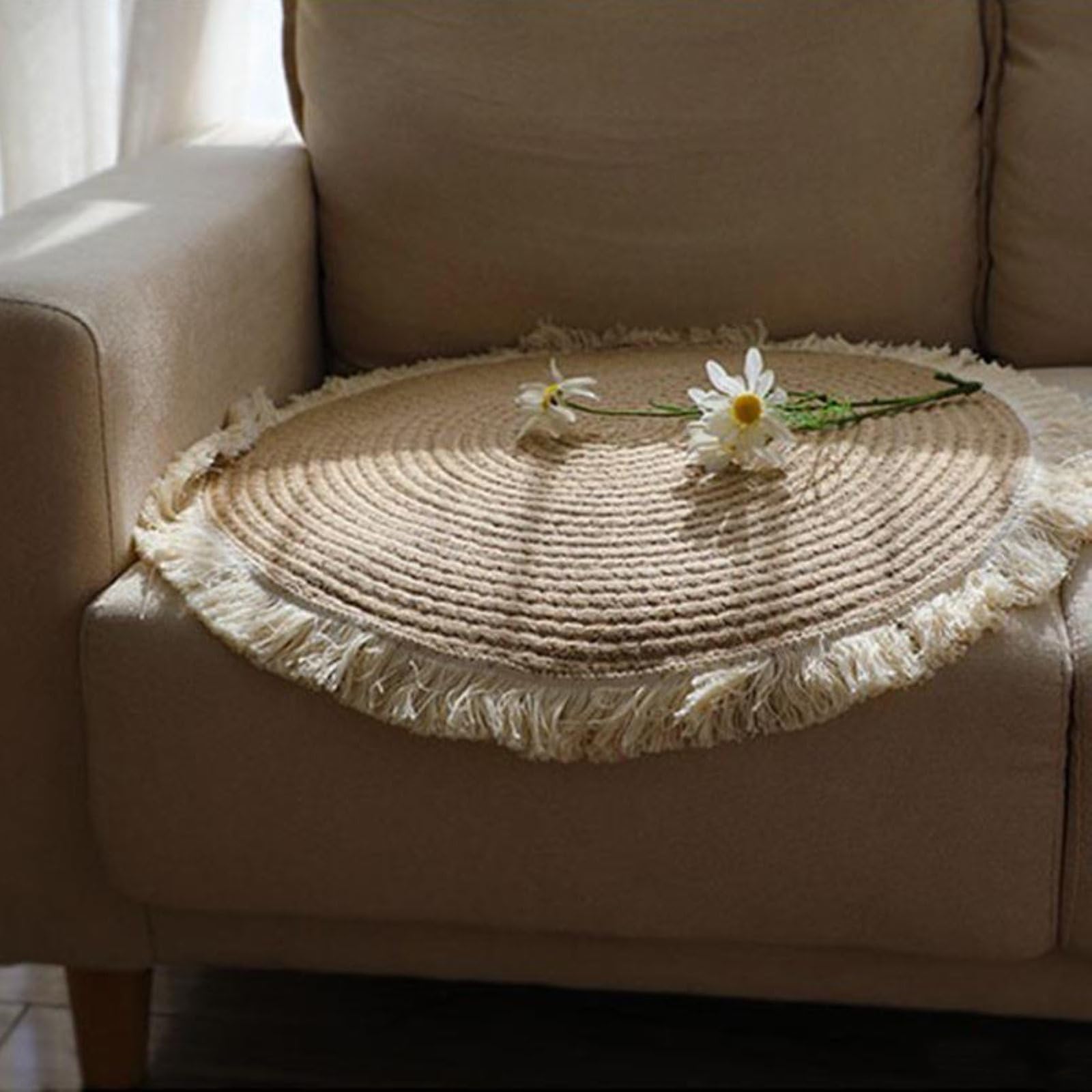Okrągły Dywan, BawełNiano-Lniany Tkany Frędzel Naturalny Pleciony Boho OkrąGły Dywanik Do Wystroju Domu do Sypialni, Salonu, Pokoju Zabaw,Brown,45cm