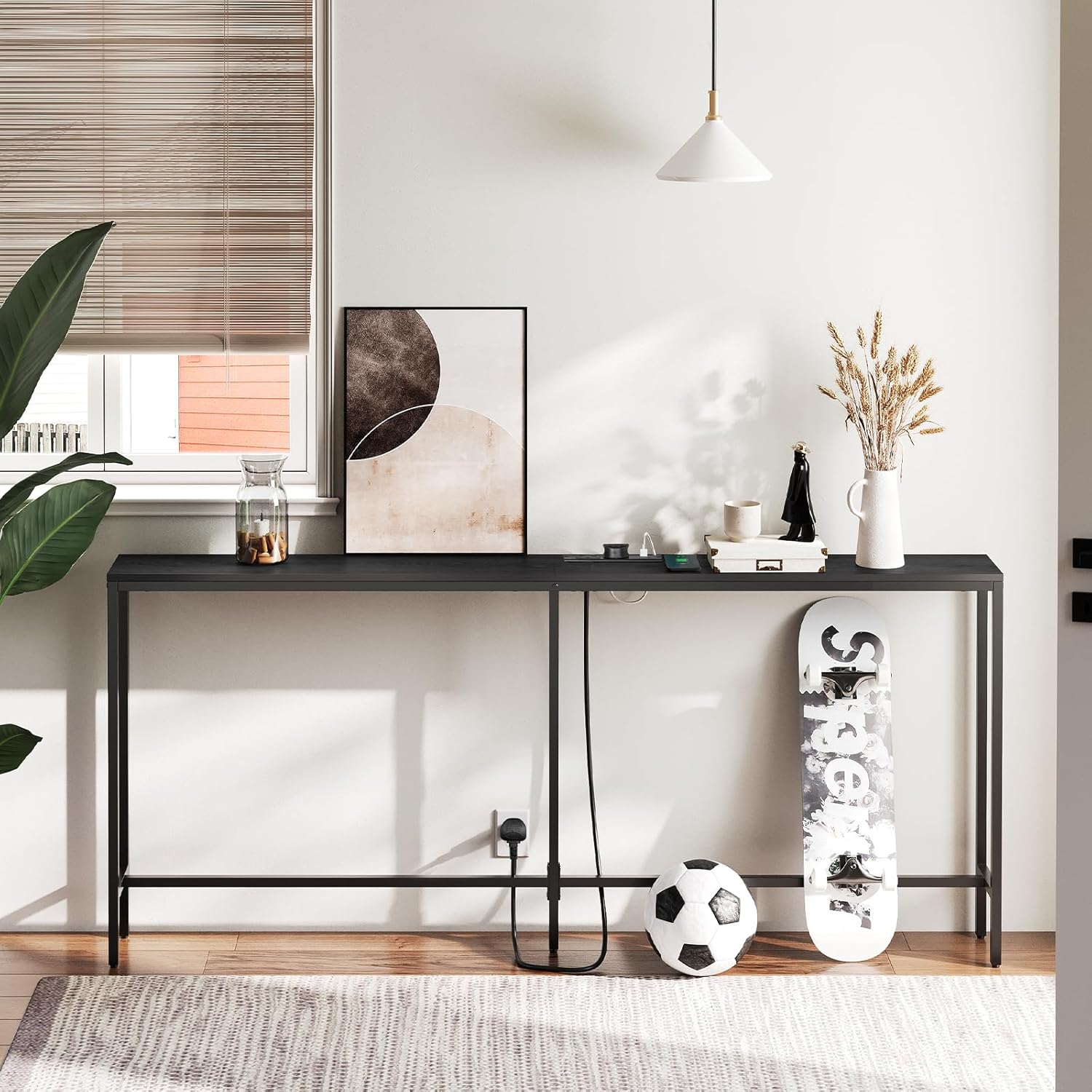 MAHANCRIS Console Table with Power Outlet, 180 CM Narrow Sofa Table, Industrial Entryway Table with USB Ports, Behind Couch Table for Entryway, Hallway, Living Room, Bedroom, Black ACTHB18KE01N1