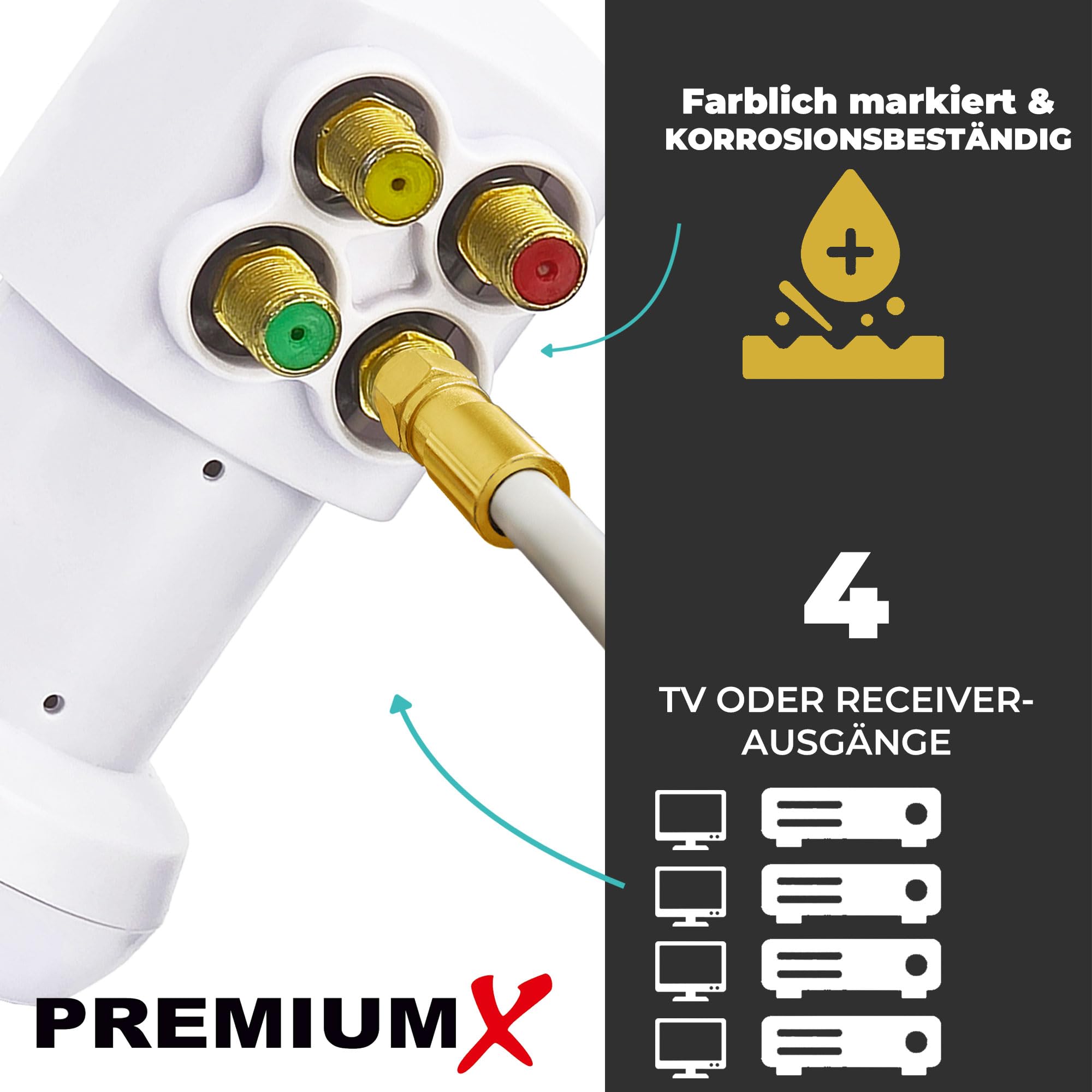 Premium X PXV-QS Quad LNB - Tête LNC 4 voies avec filtre LTE - 4 participants - SAT Digital DVB-S2 4K HD 3D - Contacts plaqués or - Blanc - Extra petit - Avec 8 fiches F