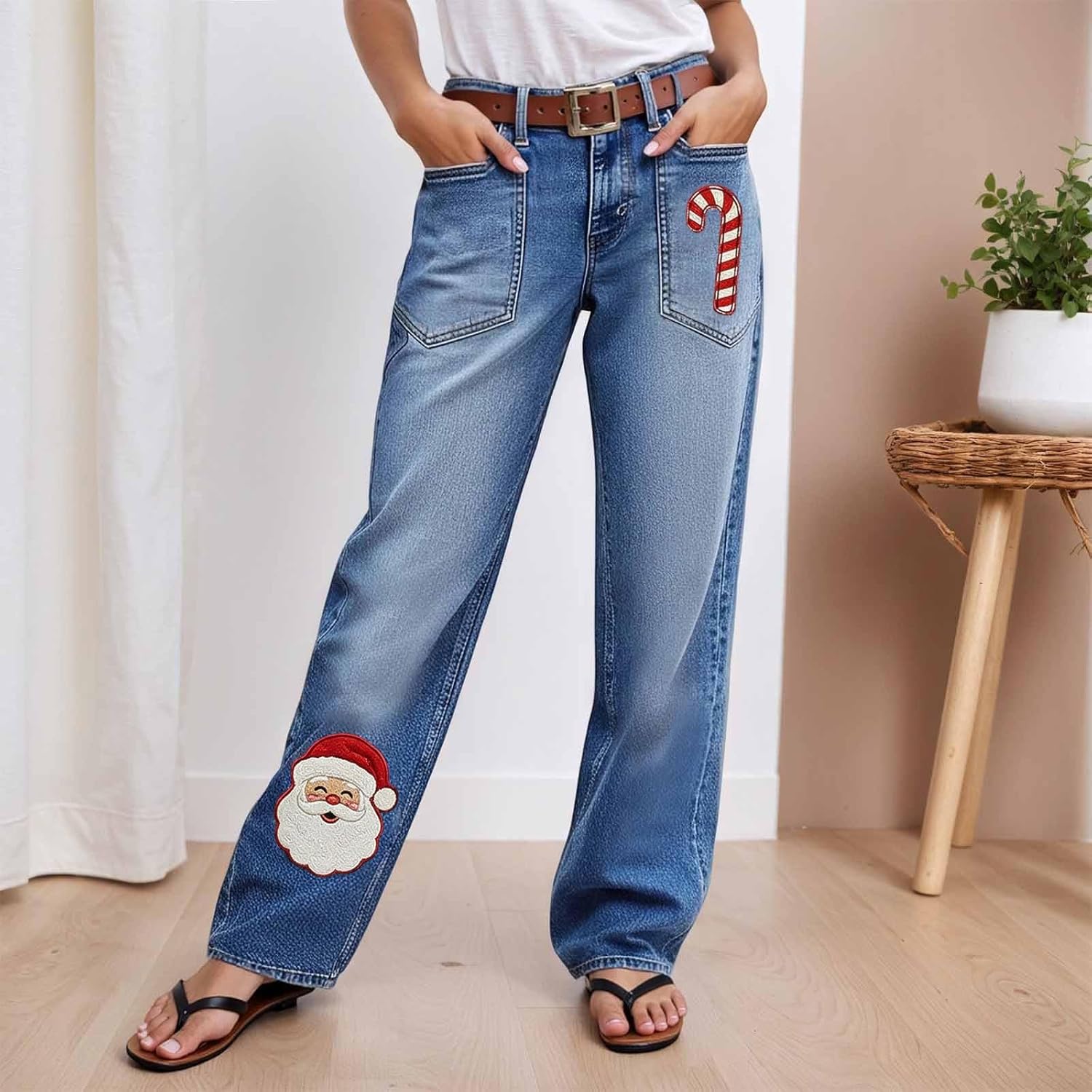 Christmas Women's Wide Leg Jeans Santa Candy Cane Embroidered Jeans High Waisted Xmas Holiday Denim Pants with Pocket - Image 2