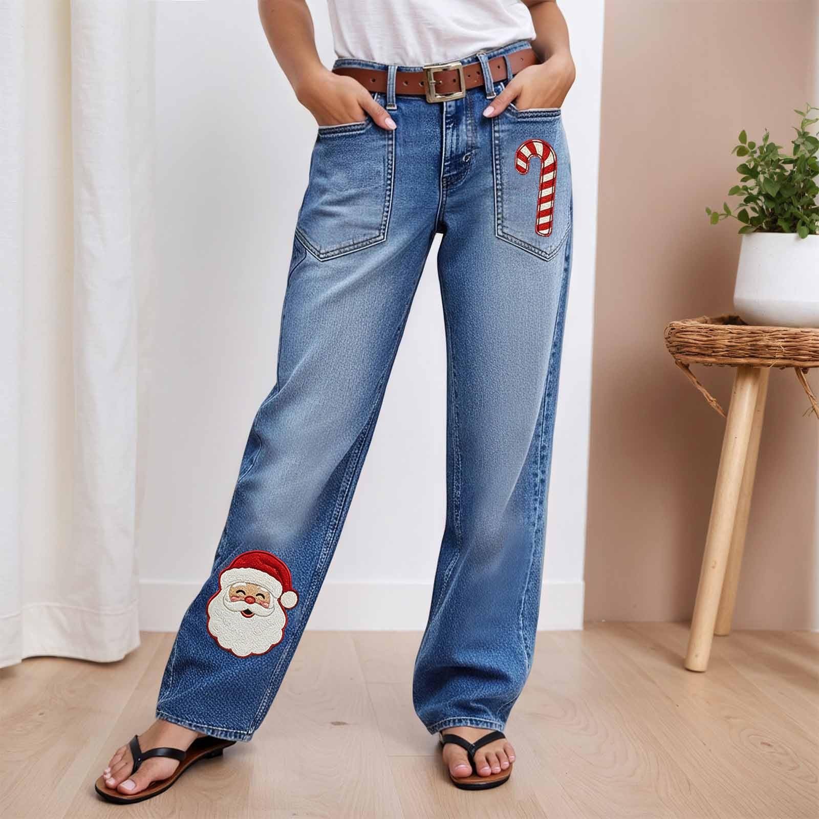 Damen Jeans - Gerades Bein Blumenmuster Jeans für Damen mit mittlerer Taille elastischem Stretchmaterial für Festliche lässige Anlässe