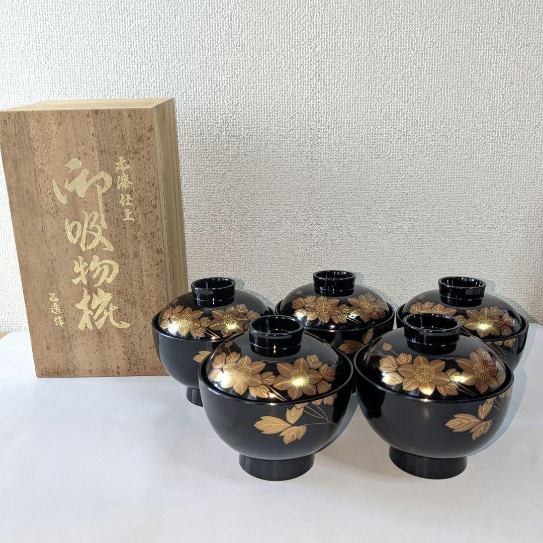 新品・未使用 乙造作 金彩蒔絵花文様 蓋付きお吸い物椀 5客セット 本漆