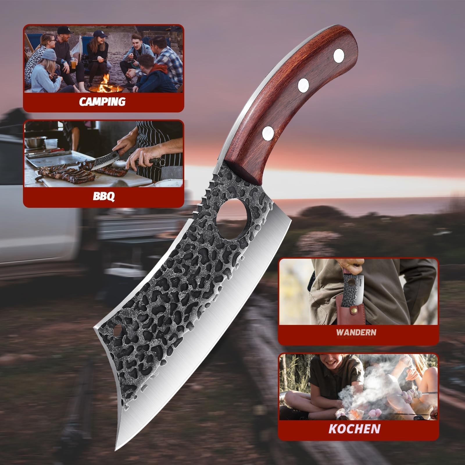 DRAGON RIOT Hackmesser Japanisch, Wikinger Messer mit Holzgriff, Fleischermesser Profi Hackbeil für Knochen, Küchenmesser scharf Metzgermesser, Full Tang Outdoor Messer Fleischerbeil fur Küche Grill