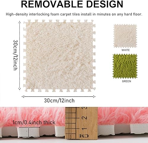 Vista 53 de Tapete de espuma de felpa gruesa que se entrelaza, 24 piezas de 12 x 12 pulgadas, tapetes cuadrados esponjosos de espuma con bordes, alfombra