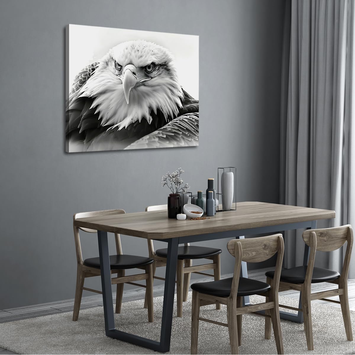 Via Vela Arte mural de lienzo de águila calva Murales de vida silvestre en blanco y negro Carteles de animales americanos Pintura para decoración del salón 60x80cm