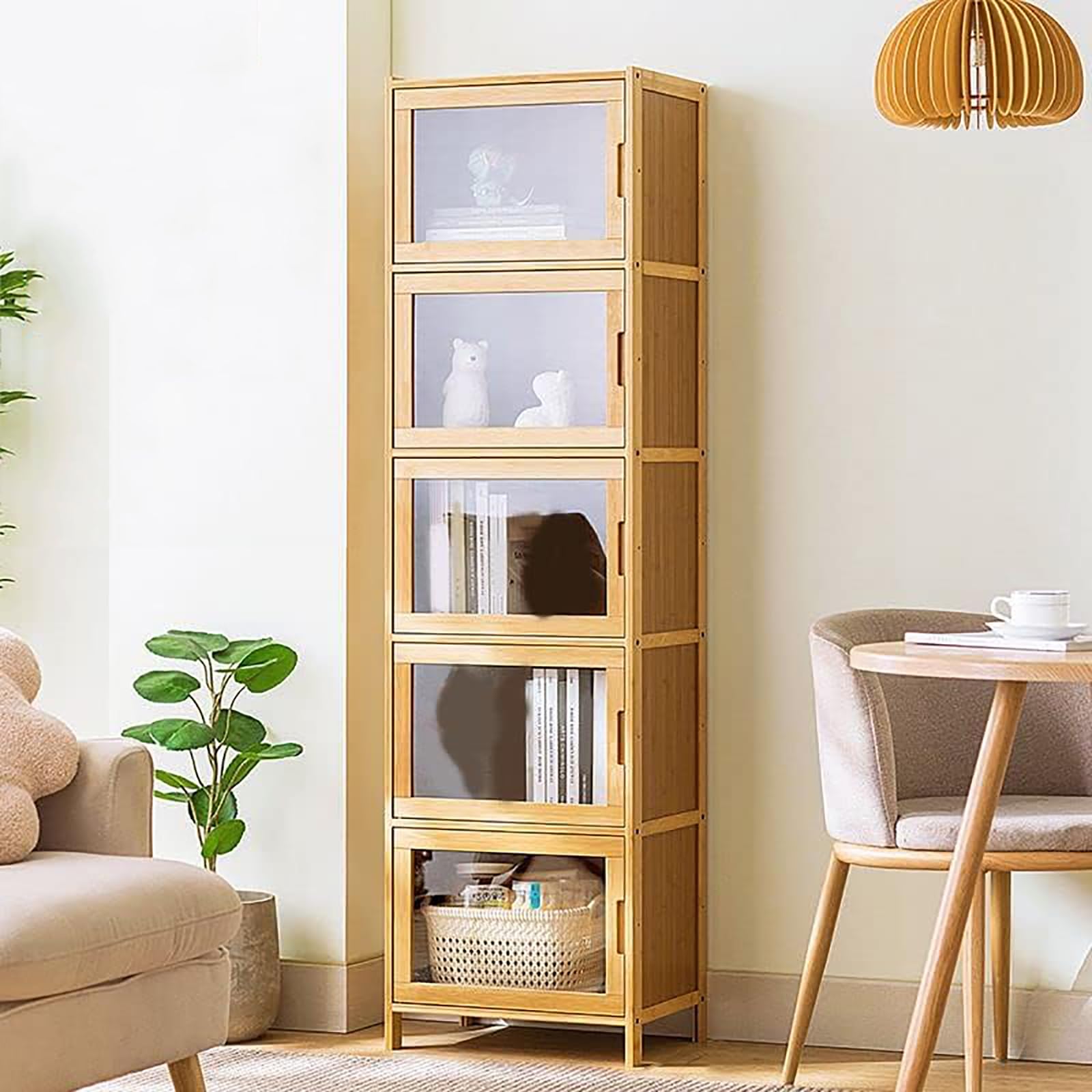 Fuyao Clear Acrylic Modern Storage Cabinet,Bamboo Accent Cabinet Corner Cabinet Kitchen Pantry Storage Cabinet With Doors And Shelves,Tall Narrow Storage Cabinet For Living Room