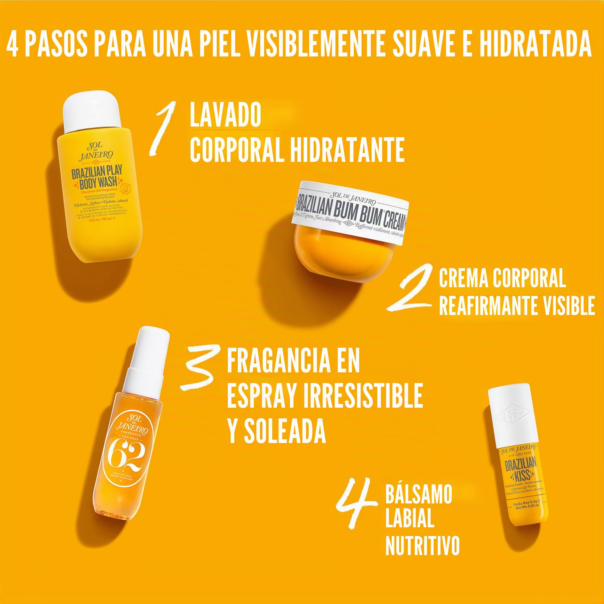 Sol de Janeiro Holiday Collection Set de 4 piezas, con Bum Bum Cream 75 ml, fragancia Cheirosa 30 ml, gel de ducha brasileño 4Play 90 ml, bálsamo labial vegano brasileño Kiss