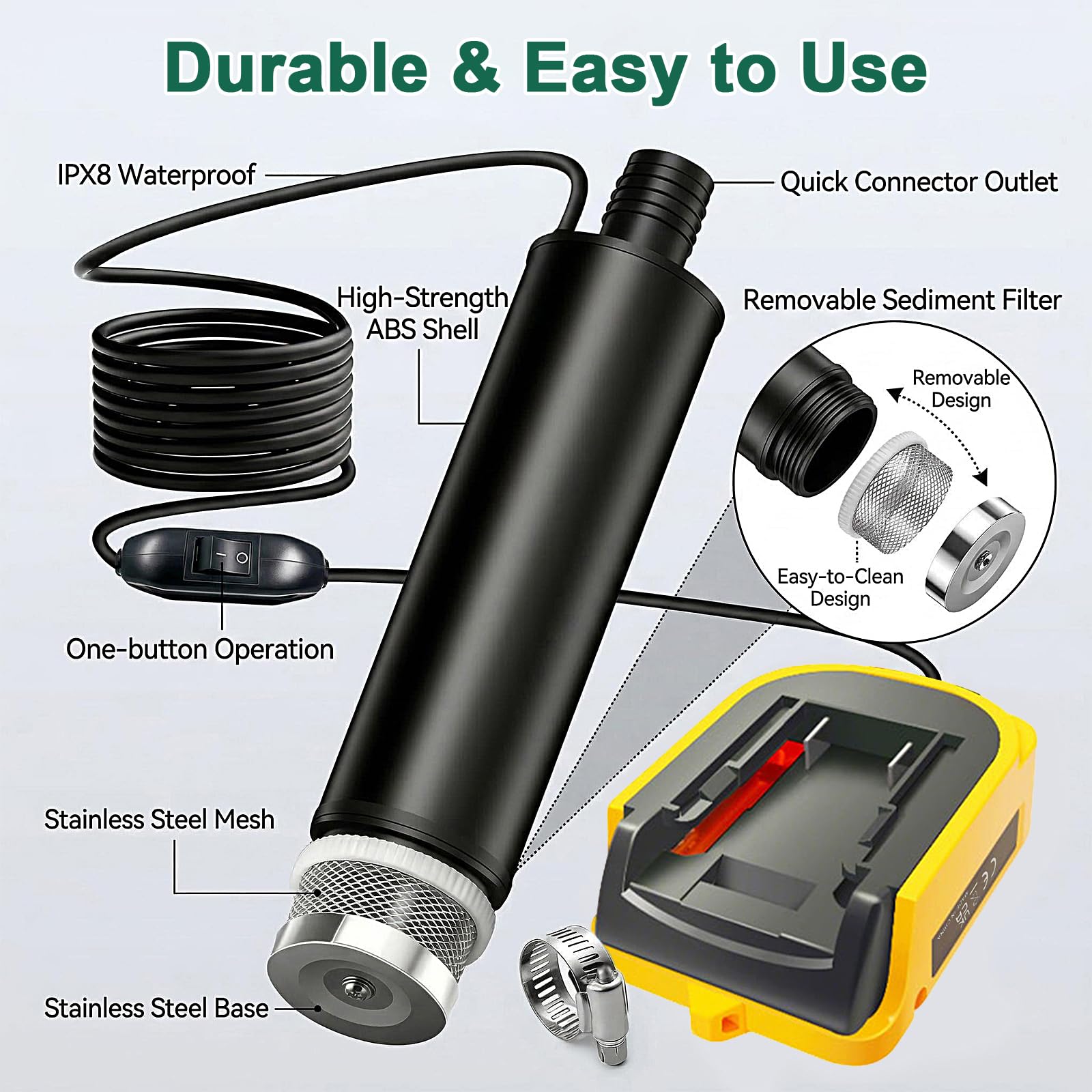 Pompe à eau sans fil compatible avec batterie Dewalt 18V/20V, 30 L/min, câble de 4,2 m, hauteur max 16FT (4,9m), pour jardin piscine spa bassin puisard camping drainage (sans batterie)