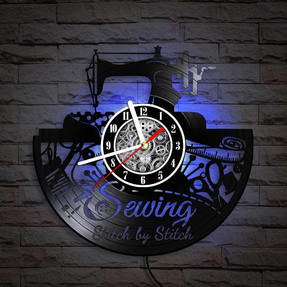 The Geeky Days LED Vinyl Record Wall Clock, Sewing Machine Quilting Tools Silent Non Ticking Clock 7 Color Light, Tailor Seamstress Sign 12inch Modern Hanging Watch Studio Decor