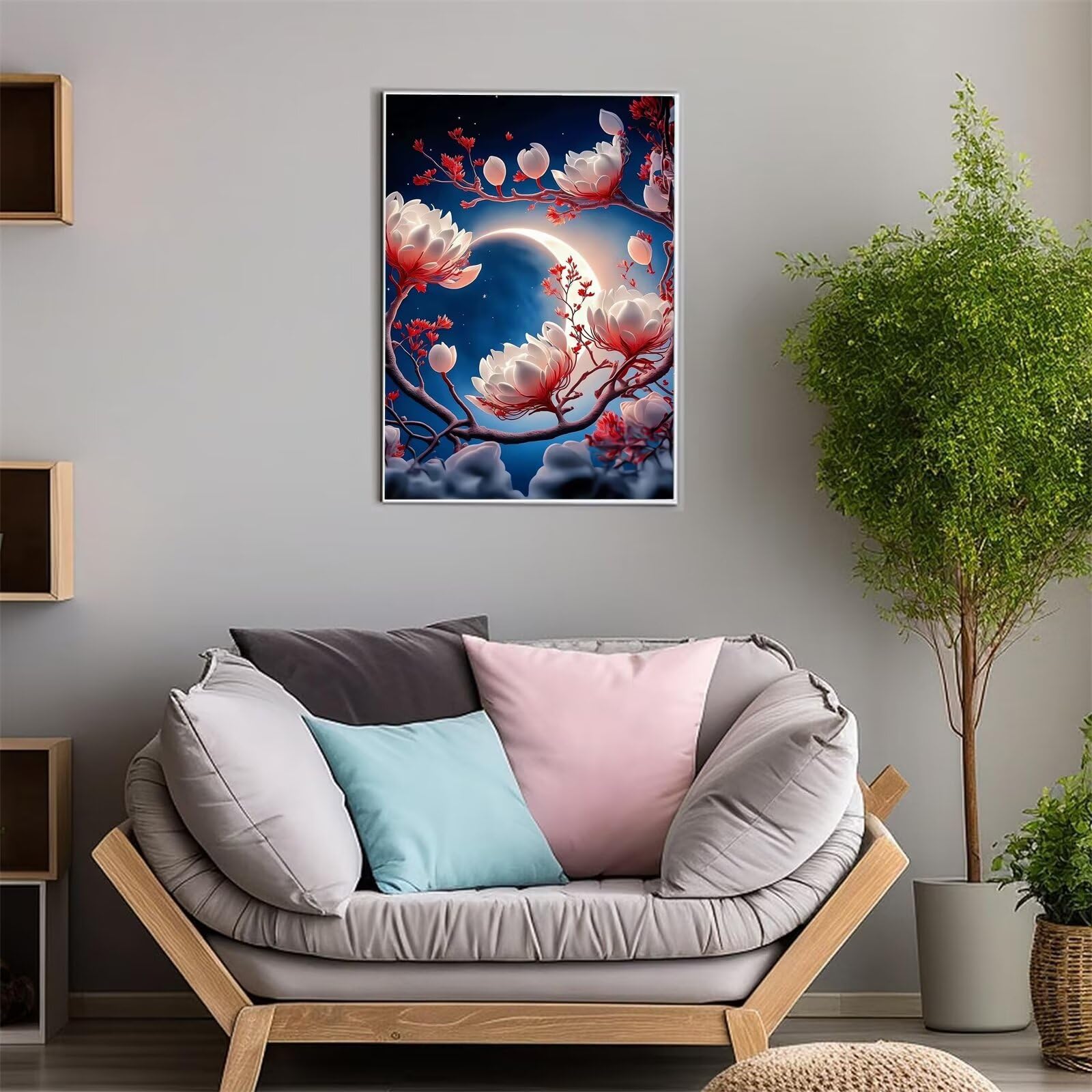 HOSAIR Magnolia Diamond Art Kits for Adults Moon DIY 5D Diamond Painting Kits Full Drill Crystal Rhinestone Art Crafts Kits for Home Wall Decor Gifts 50x70cm