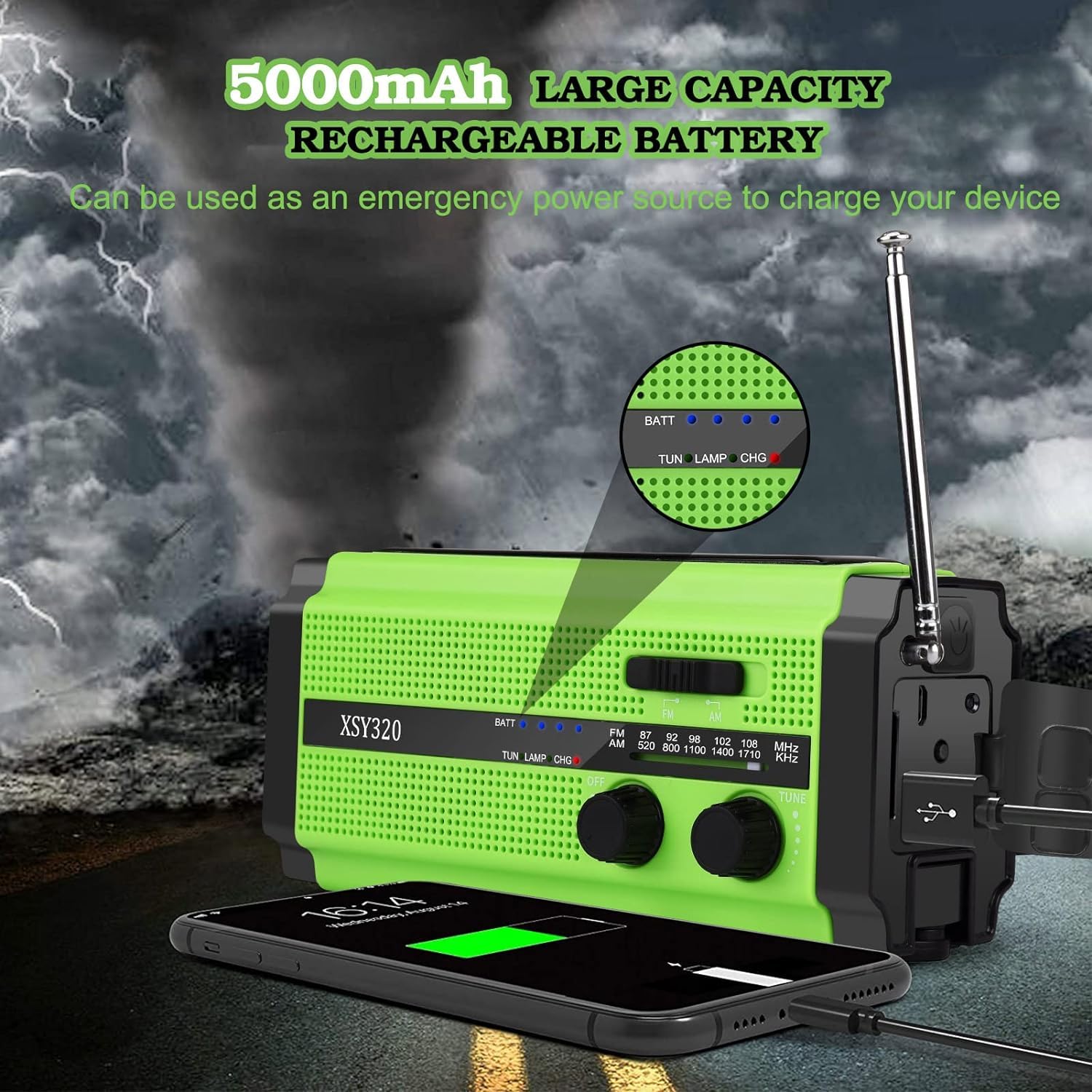 Wind Up Solar Radio, 5000mAh Hand Crank Dynamo Radio Rechargeable, Portable Emergency AM/FM Radio, with 4 Modes LED Torch, Reading Lamp, USB Phone Charger, SOS Alarm, for Outdoor Camping Hiking