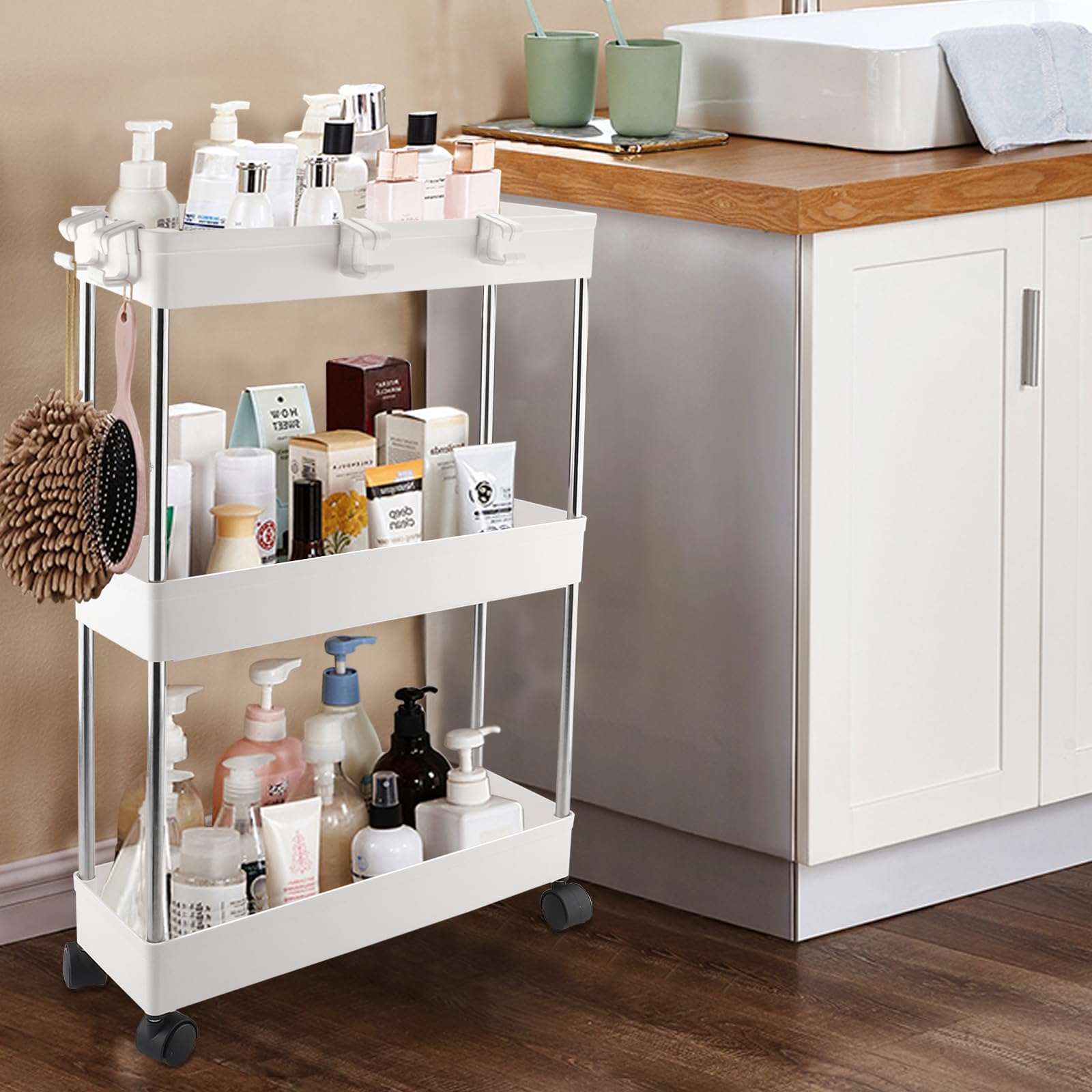 Foymlon Carrito de Almacenamiento, Carro Auxiliar con Ruedas giratorias de 360° para Baño, Cocina u Oficina, Lavadero, Dormitorio, Comedor Sala (Blanco) — view 7