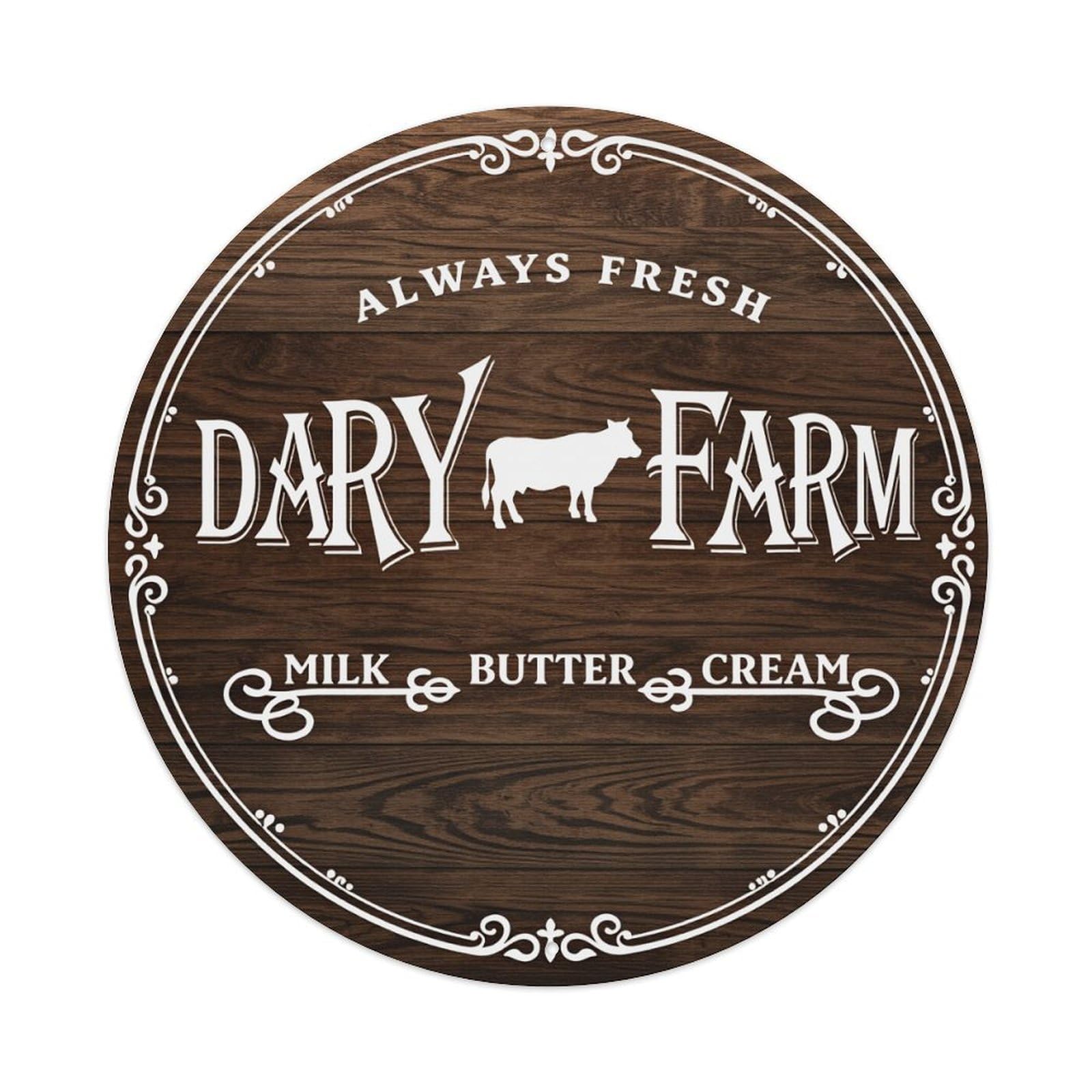 Always Fresh Dairy Farm Milk Butter Cream Round Tin Sign Vintage Metal Poster, Home Bar Garage Man Cave Cafe Indoor & Outdoor Wall Decoration 8x8Inches