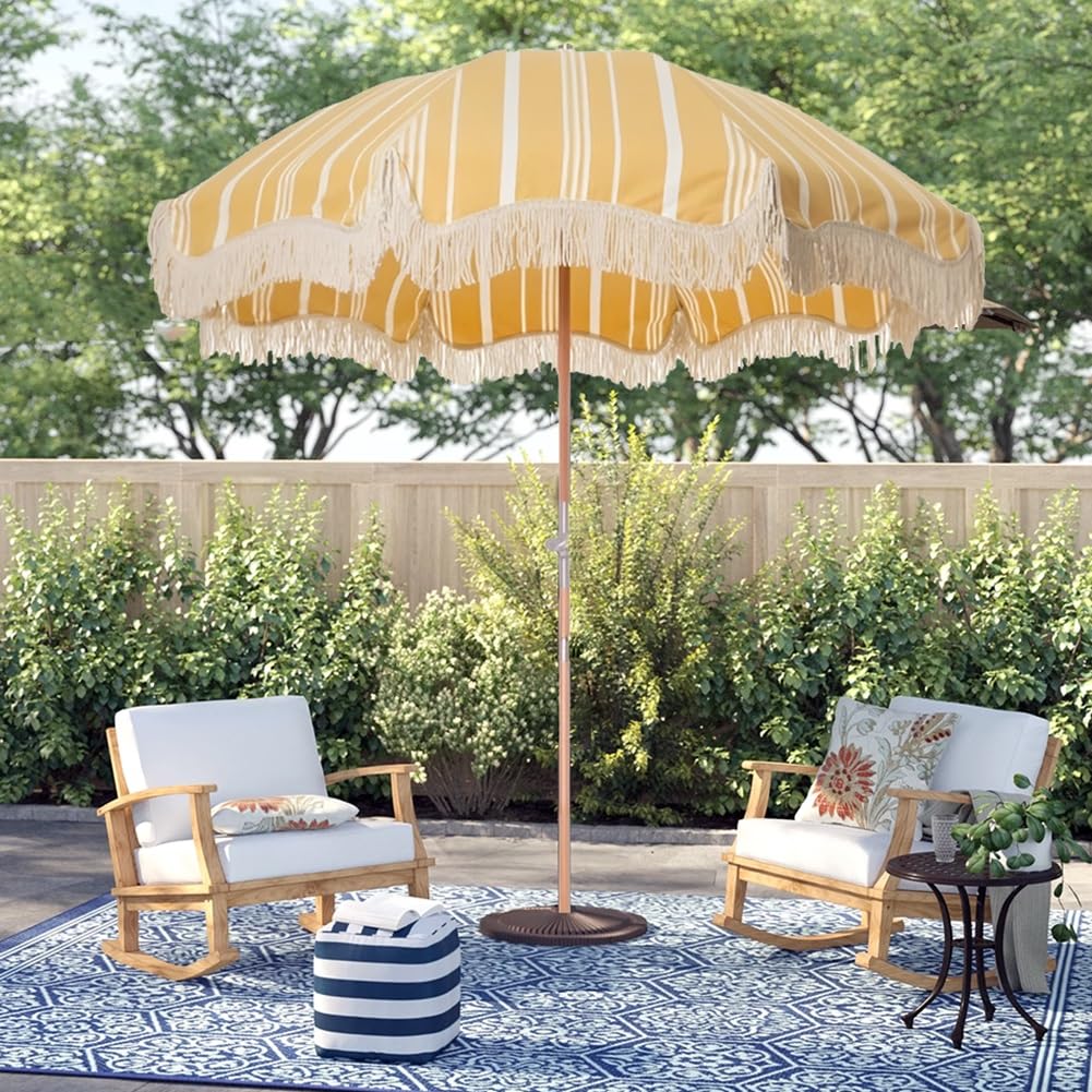 200 cm Parasol Ogrodowy Boho z Frędzlami, Parasol w Paski, na Taras, Podwórko, Basen, Podwórko