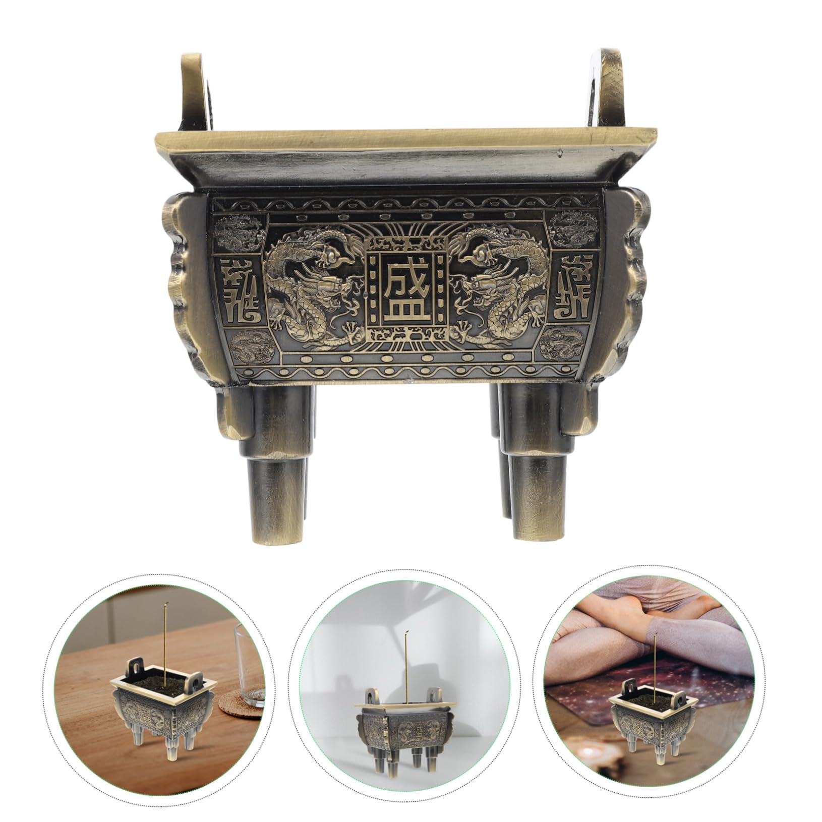 Cabilock Bruciatore per Incenso Quadrato in Lega di Zinco Oro Aspetto Retrò Elegante, Purifica L'aria per Decorazione Casa e Meditazione