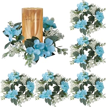 6Pcs Flower Candle Rings Floral Candle Holder Wreath Wedding Candle Rings Small Artificial Floral Wreaths for Wedding Home Party Decoration,Blue