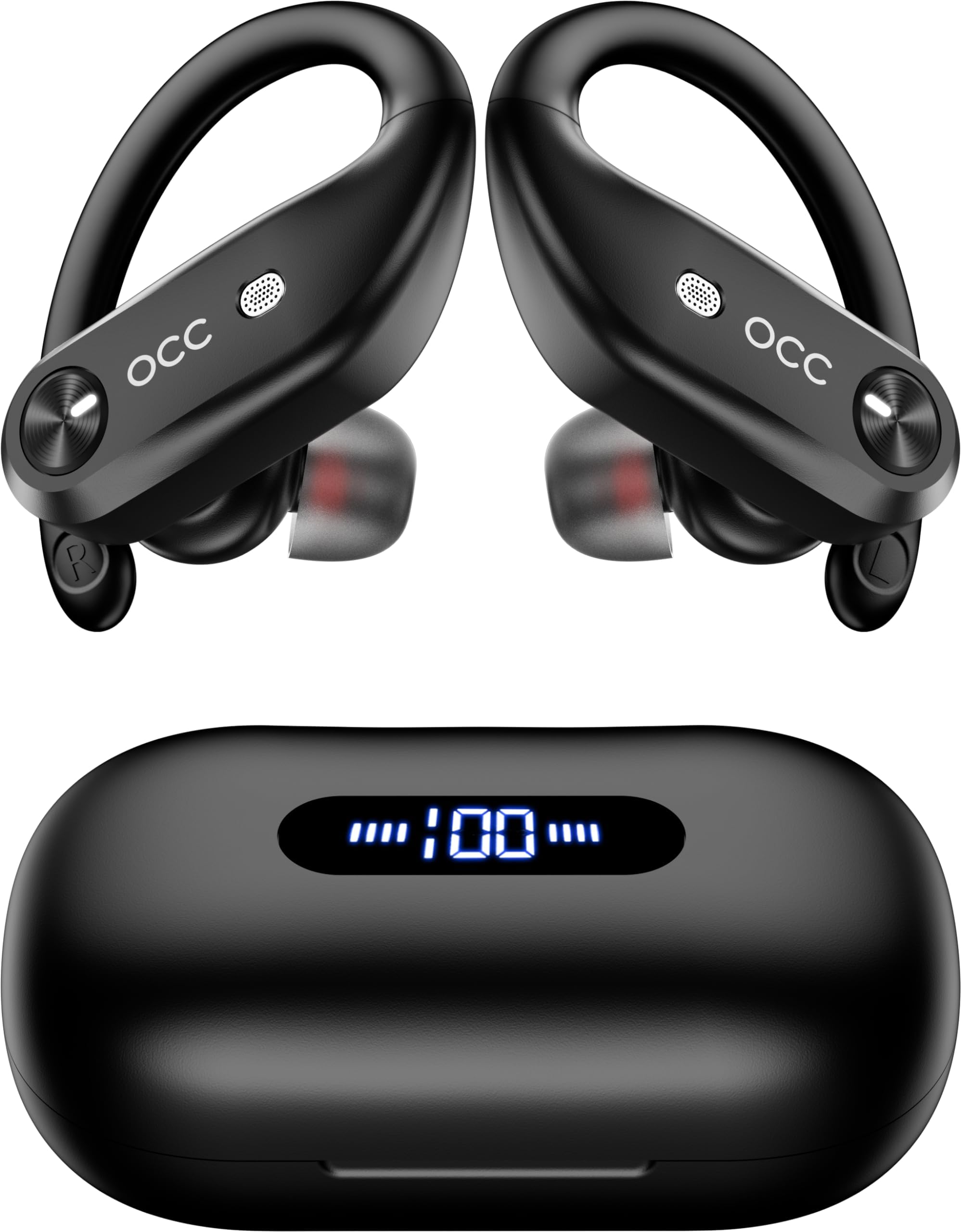 occiam Wireless Earbuds Bluetooth Headphones Sport-130H Playback Ear Buds, 4 Mics Clear Call, IP7 Waterproof in-Ear Stereo Bass Earphones with Earhook for TV Andriod Phone Gym Running Workout (Black)