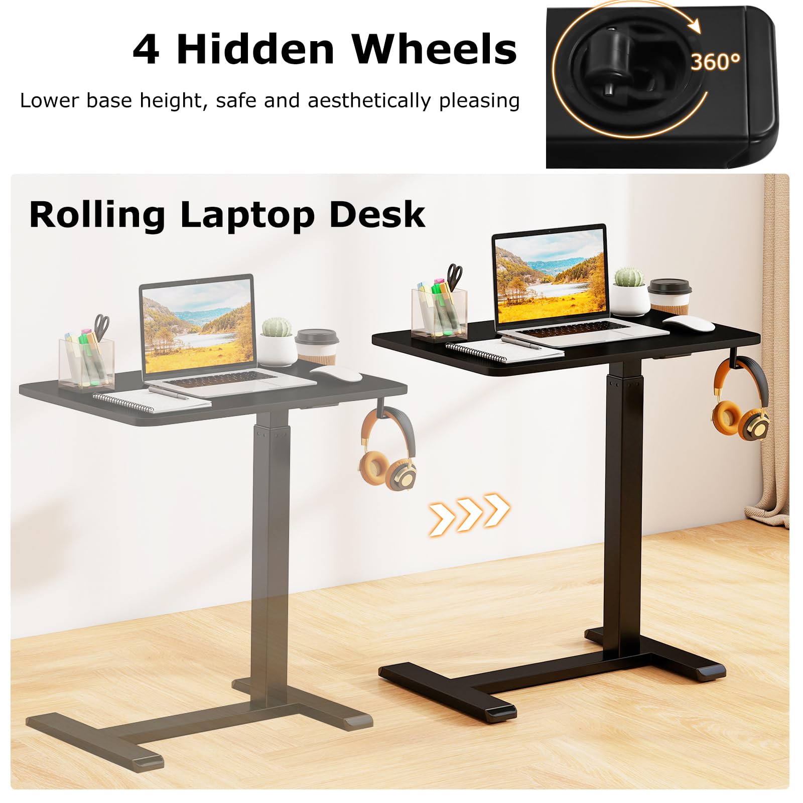 LIFEZEAL Tavolino da Divano a Forma di C, Altezza Regolabile, Tavolino Laterale per Letto, con Ruote Nascoste, Portabicchiere, Ganci Cuffie, Porta Laptop, PC, Serviletto, Soggiorno, Salotto (nero)