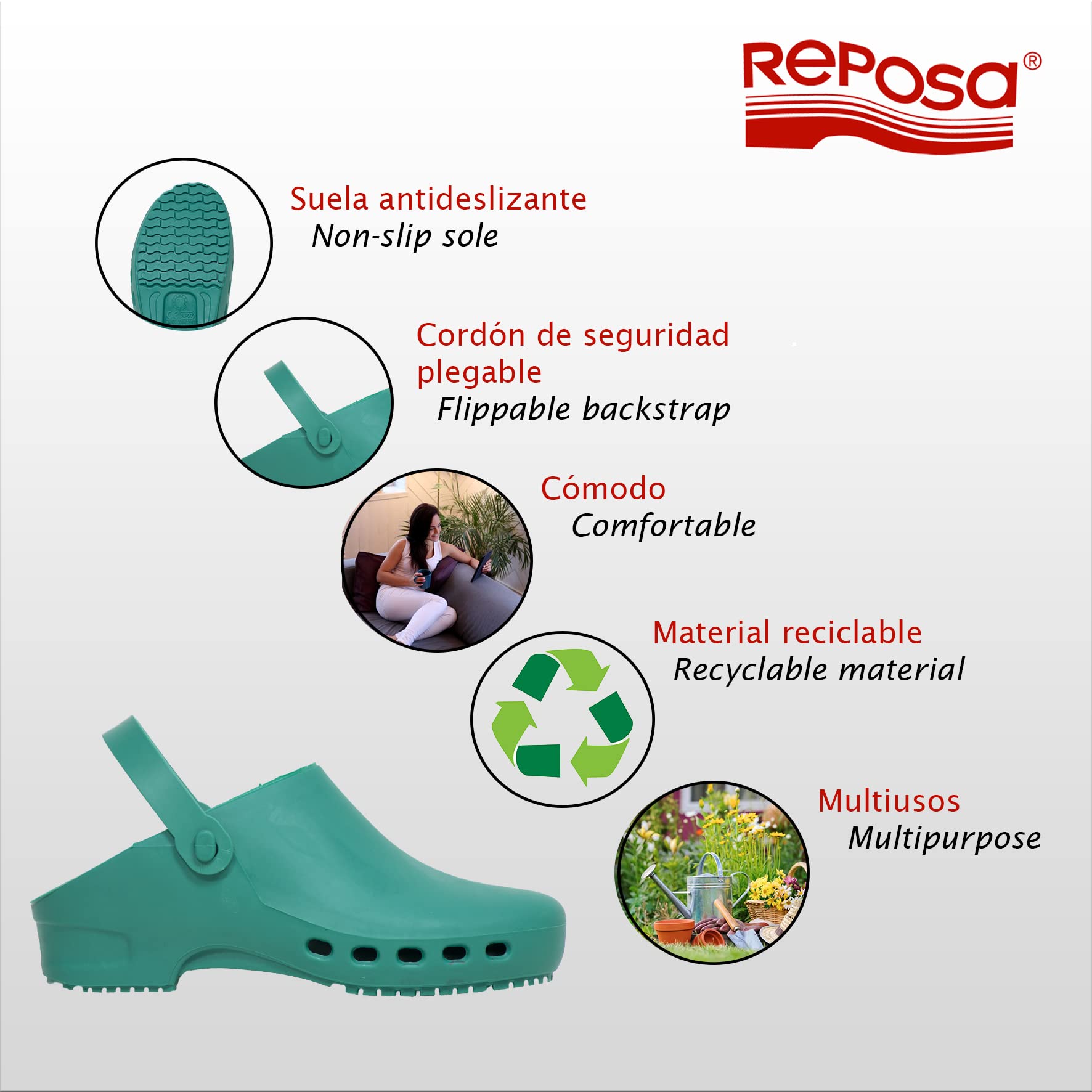 REPOSA - Zuecos para Mujer Y Hombre Modelo Eco, Zuecos para El Trabajo (esteticistas, Peluqueros) Versátiles, Cómodos Y Ligeros Incluso En Casa, Correa Abatible Y Suela Antideslizante - Made In Italy
