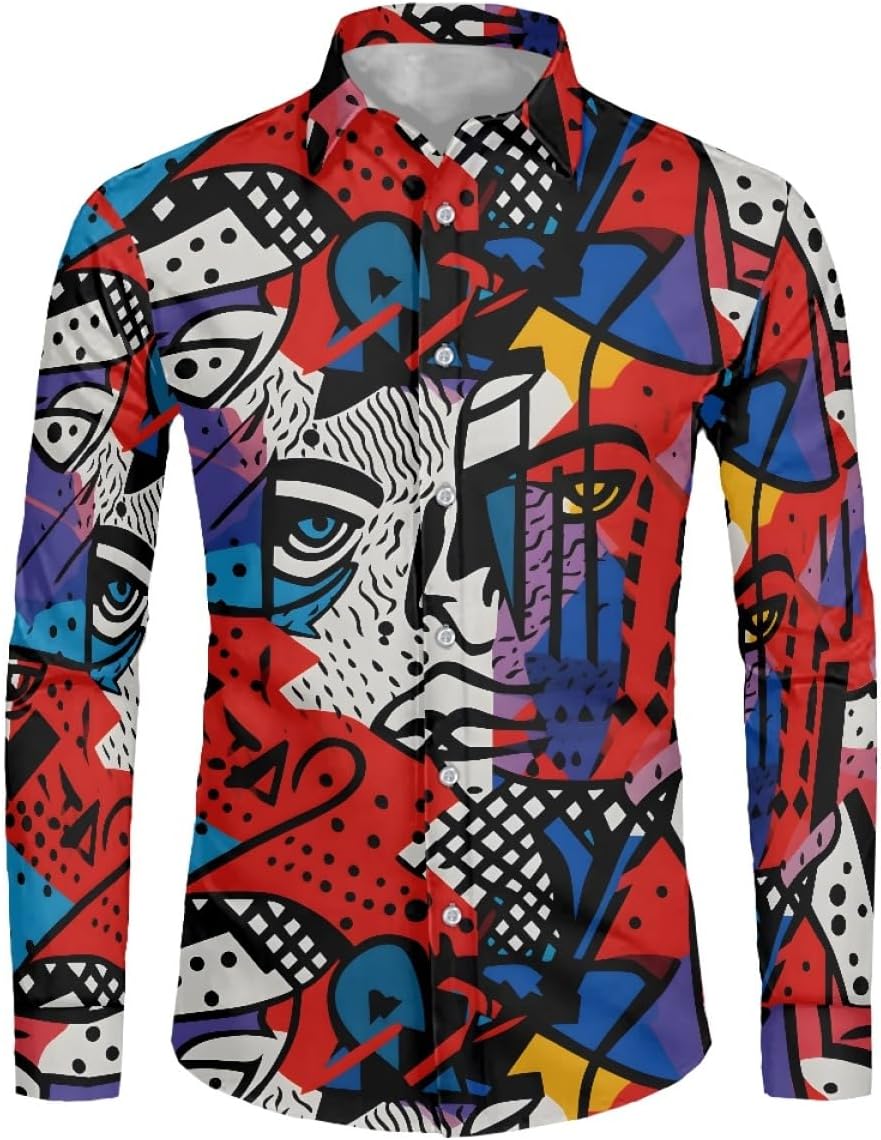 GLUDEAR Mens Casual Paint Art 3D Print Long Sleeve Shirts Buttons Down Regular Fit Beach Shirts