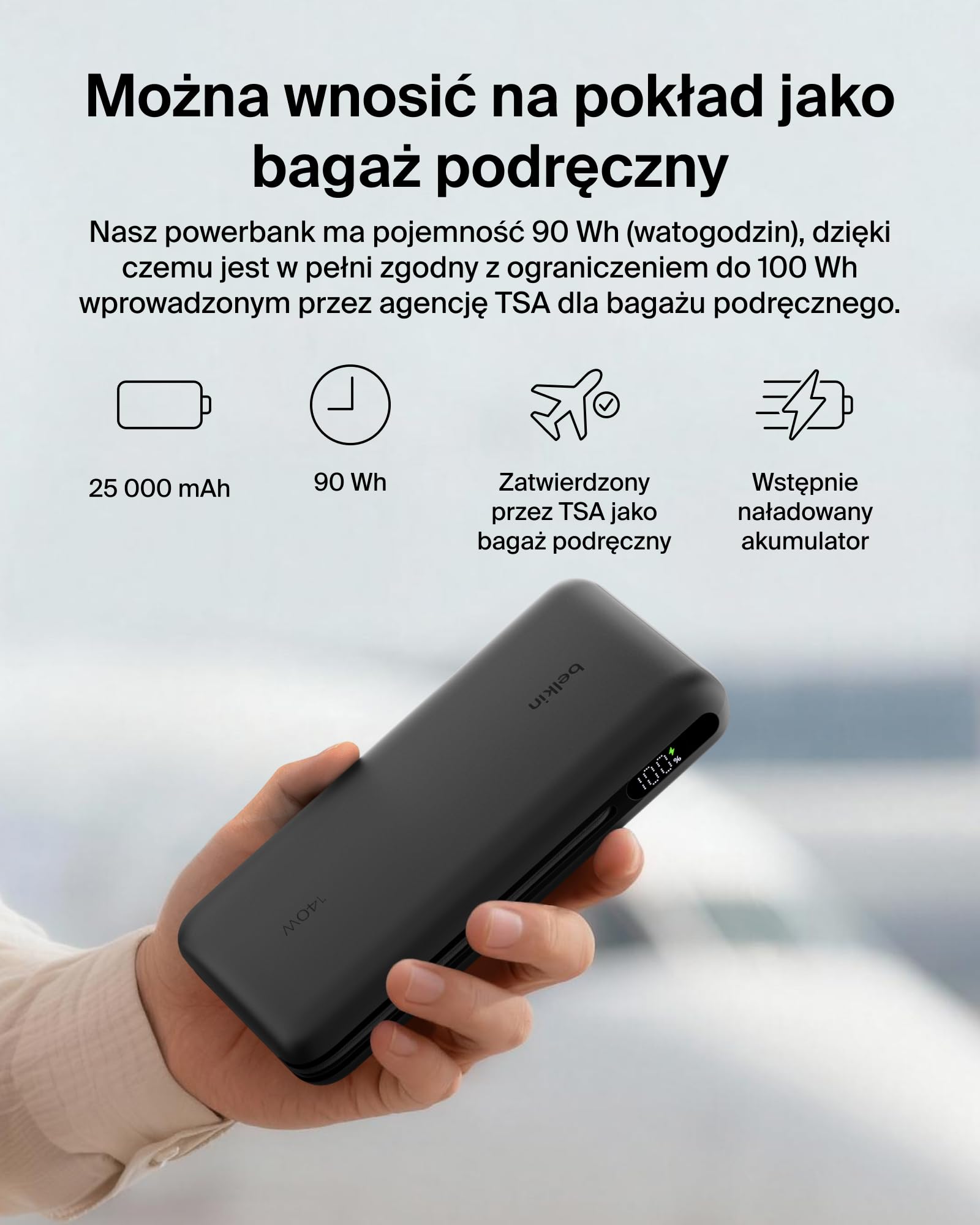 Belkin UltraCharge Pro Powerbank 25 000 mAh do Laptopów – Czarny | Powerbank 25 000 mAh, 1 Port USB-C, 1 Port USB-A i Kabel USB-C, 158 W Power Delivery, Wstępnie Naładowany, Wyświetlacz