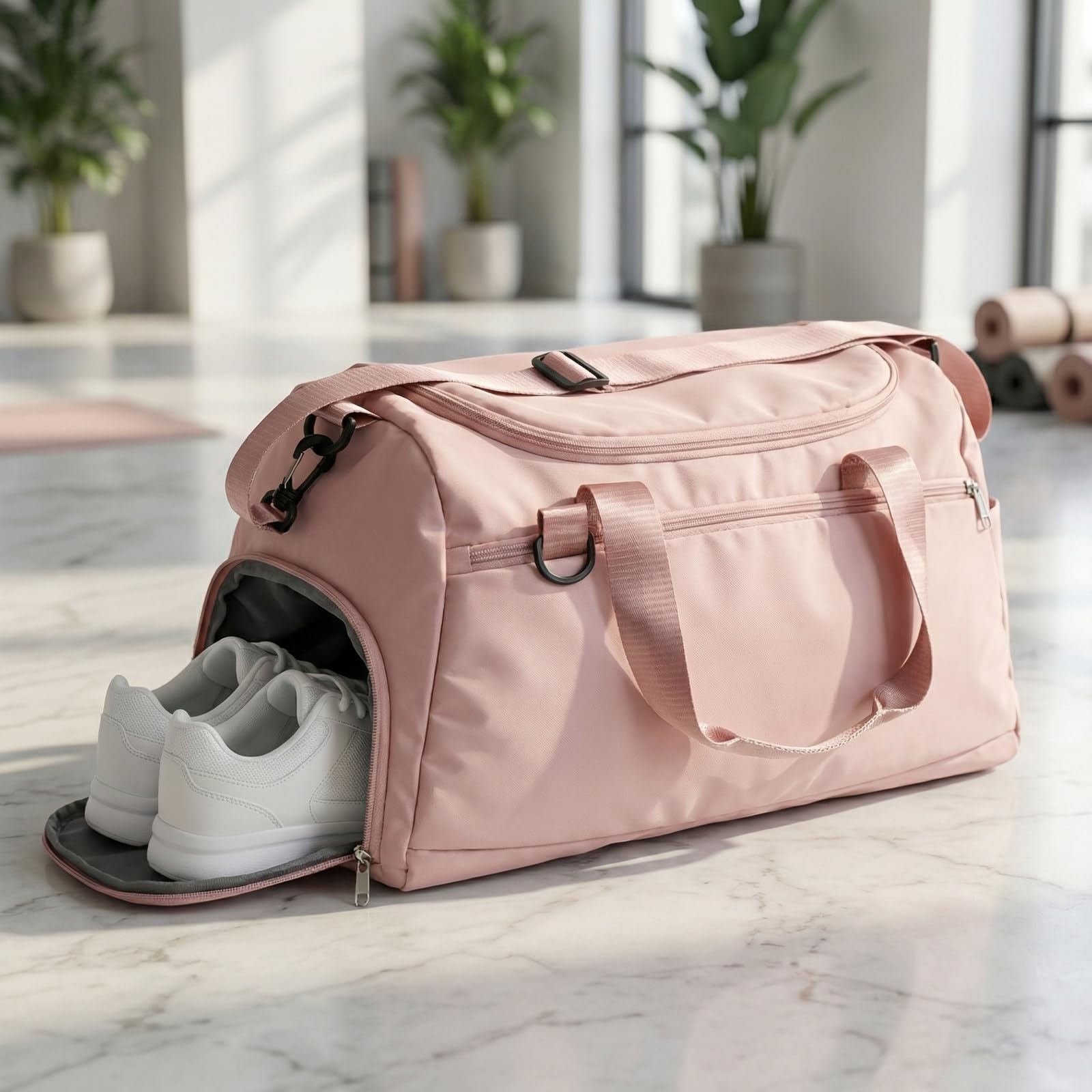 Sac de Sport Imperméable 36-55L 51x28x25cm avec Compartiments Chaussures et Poche Humide Duffel Gym Bag Rose