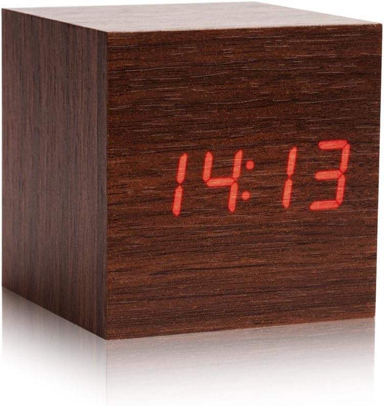 Nightwolf 3 Group of Alarm Time Setting Voice-Activated Time Date Temperature 3 Level Brightness Display Adjustable LED Wood-made Bedside Decor Square Alarm Clock (Brown)