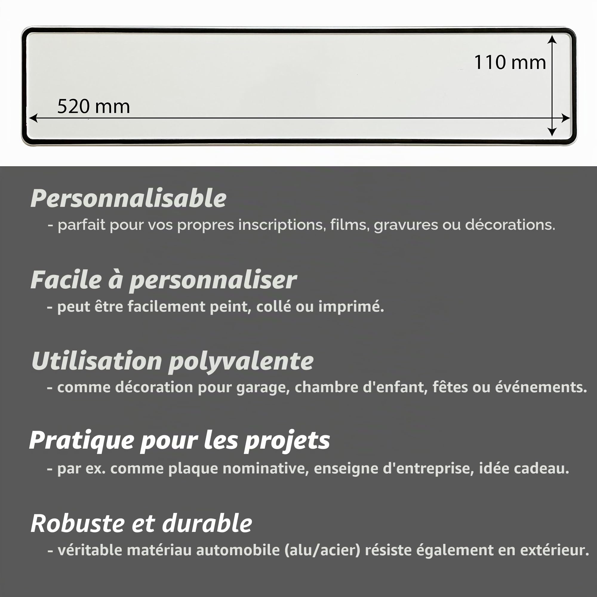Plaque d'immatriculation vierge 520x110 mm – blanche avec bordure noire – Plaque d'immatriculation en aluminium pour véhicule à personnaliser – Décoration de voiture pour mariage, fête, photos