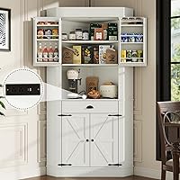 Gyfimoie 73" White Corner Kitchen Pantry Cabinet with Charging Station, Drawer, Adjustable Shelves & Door Racks - Farmhouse Hutch