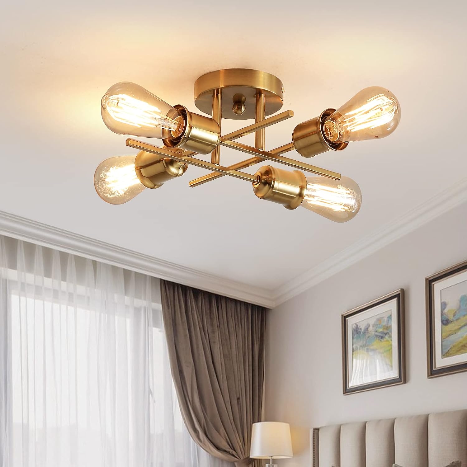 Qcyuui Gold Modern Ceiling Light Fixture Industrial 4-Light Ceiling Lamp Semi Flush Mount Chandelier Ceiling Lighting for Farmhouse Kitchen Bedroom Living Room, E26 Base(Bulb Not Included)