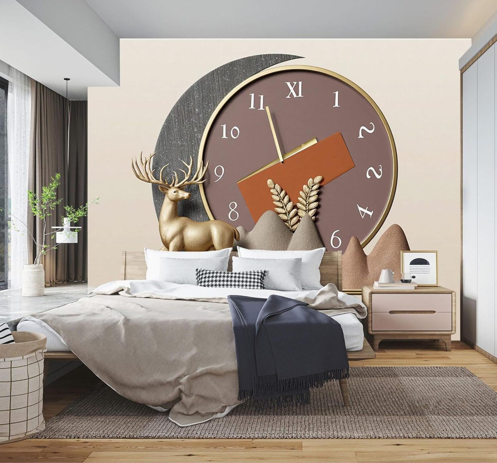 3D Papel Pintado Minimalista Creativo Ciervo Dorado Reloj Montañas