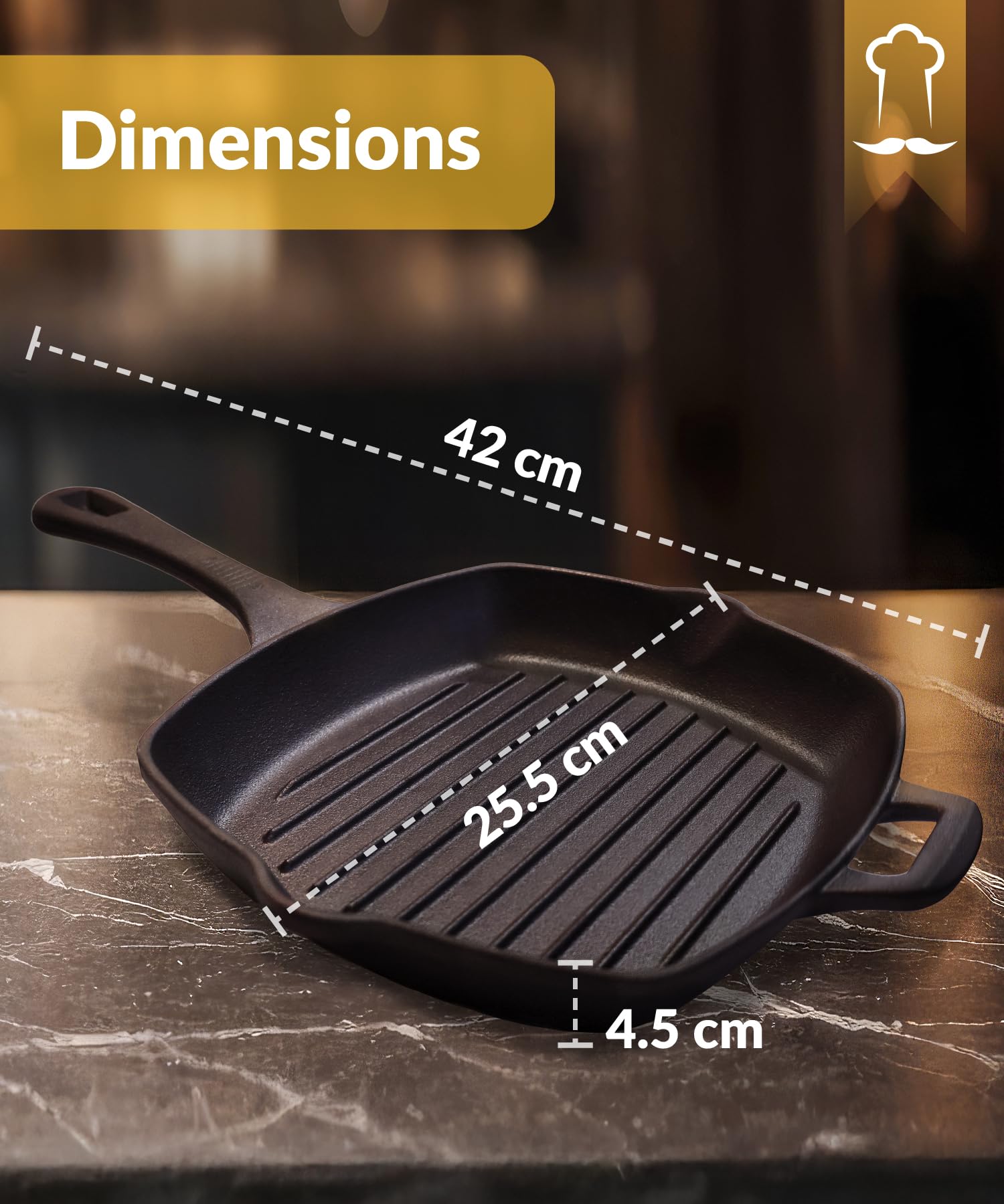 Chefarone Żeliwna Patelnia 25,5 cm – Emaliowana Patelnia Grillowa i Do Serwowania z Wylewkami – Idealna na Steki, Indukcję, Gaz, Płytę Ceramiczną i Piekarnik