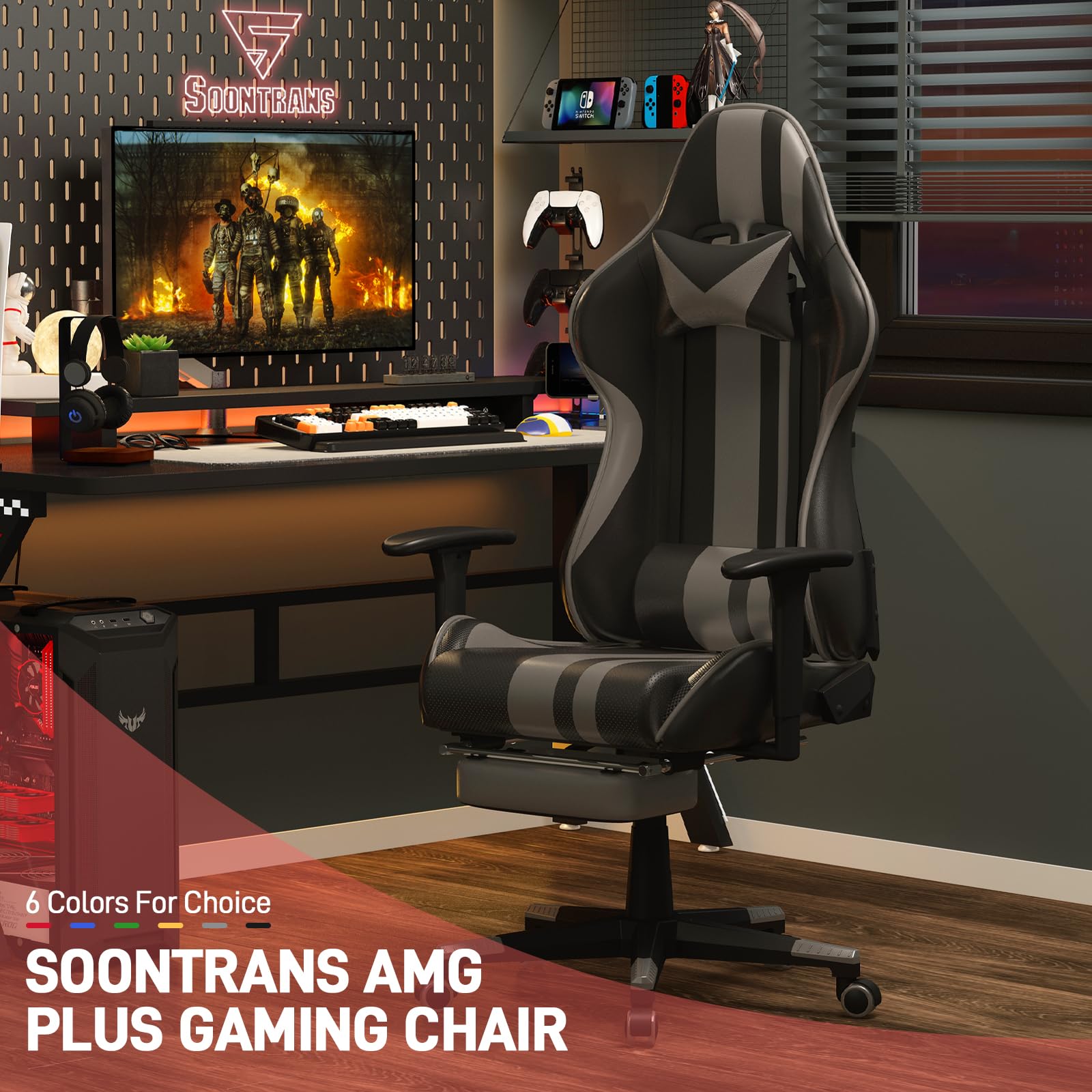 Soontrans Sedia da Gaming Massaggiante, Ergonomico Sedia Gaming con Supporto Lumbare Massaggio Vibratorio & Poggiapiedi & Poggiatesta, Poltrona da Gaming per Youtube Livestreaming Xbox (Grigio)