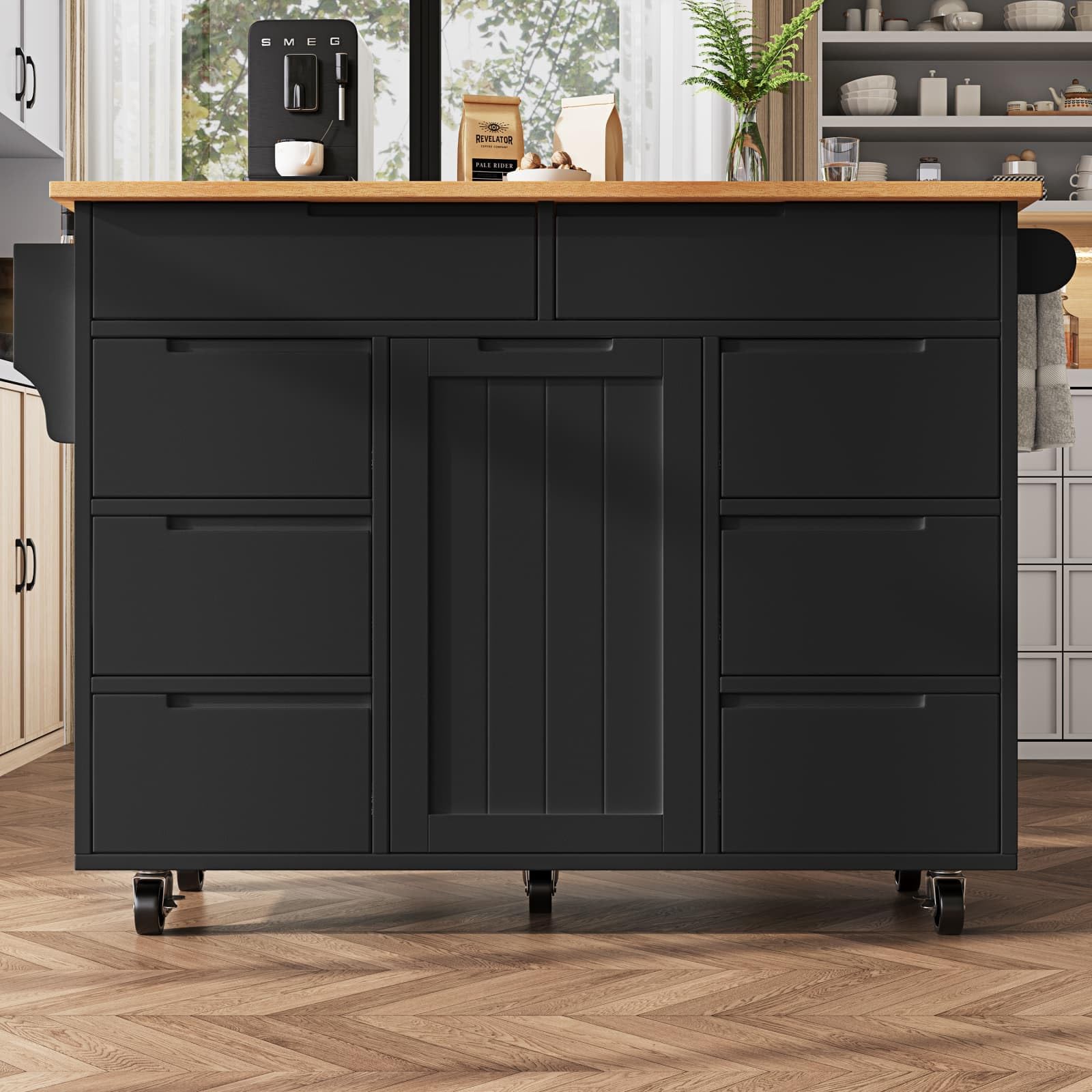 KOMHTOM ilot de Cuisine, ilot Central Cuisine, Chariot de Salle à Manger, Porte-Serviettes Latéral, Séparateurs Réglables, Plateau de Table Pliable, 2 Tiroirs, 4 Portes (Noir-7)
