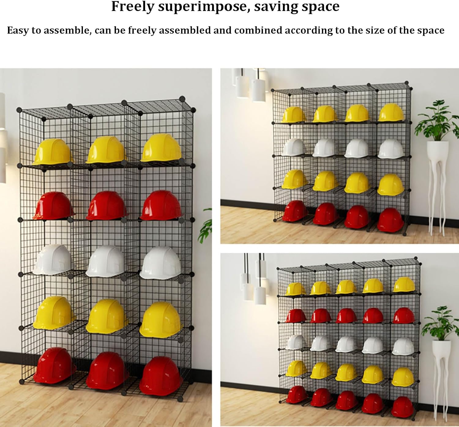 Floor-Standing Metal Hard Hat Display Rack, Stackable Storage Bins for Motorcycle Helmets, Commercial Baseball Cap Stand & Multifunctional Bookshelf Organizer