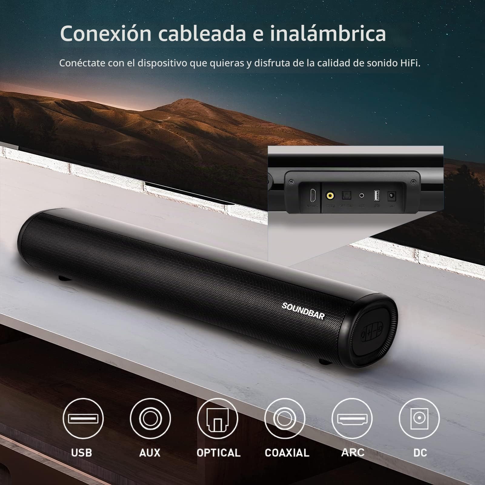 Barra de sonido con soporte para subwoofer inalámbrico, con entrada óptica + puertos AUX + USB + HDMI + RCA y kit de montaje en pared， tres modos de ecualizador apto para uso en ordenador/televisión.