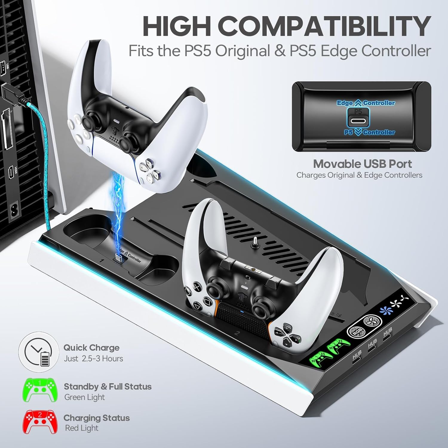 Tokluck Supporto per PS5 e Raffreddamento per PS5/PS5 Slim/PS5 PRO, Ricarica per P5 & Edge Controller, Ventola P5 a 3 velocità con 3 USB HUB
