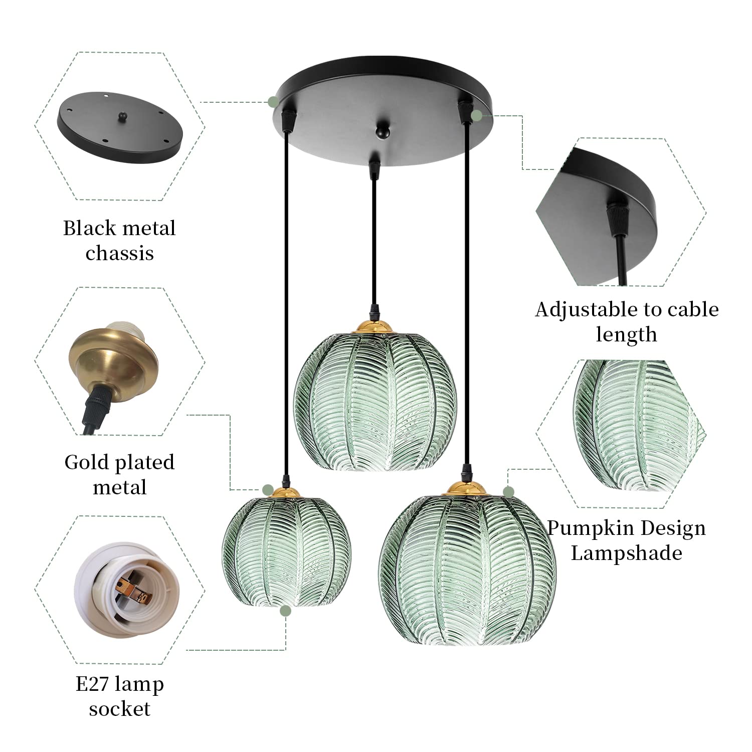 Lampy wiszące, 3-punktowe, klosz żebrowany, lampa wisząca z regulowanym przewodem, trzonek żarówki E27, nowoczesna lampa wisząca w kształcie szklanej kuli