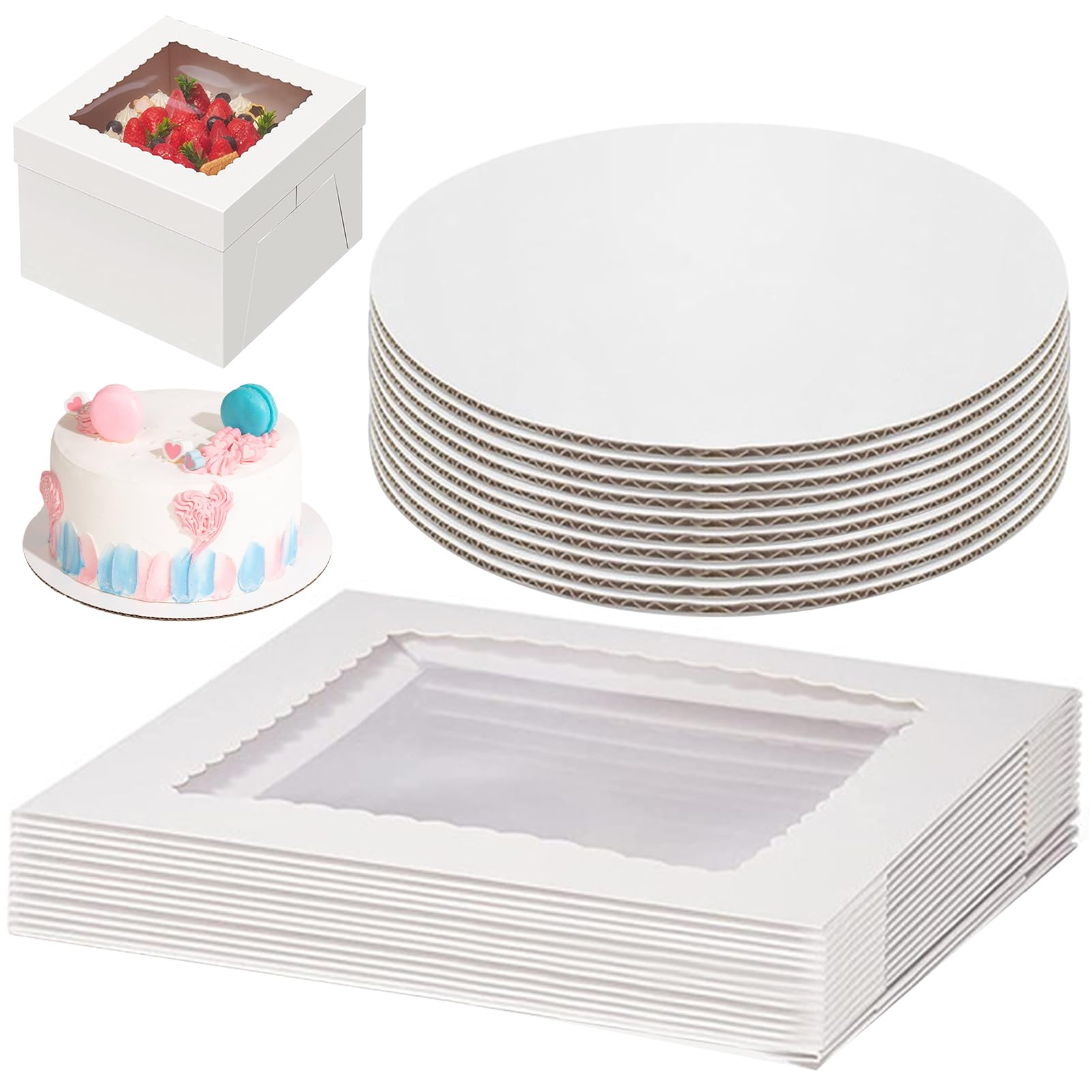 10 Pièces Boite Gateau Carton Avec Couvercles, Boite Gateau Transport Avec Fenêtre, Boîtes De Transport Pour Gâteaux En Carton Boite Patisserie Avec 10 Plateaux (25x25x20cm)