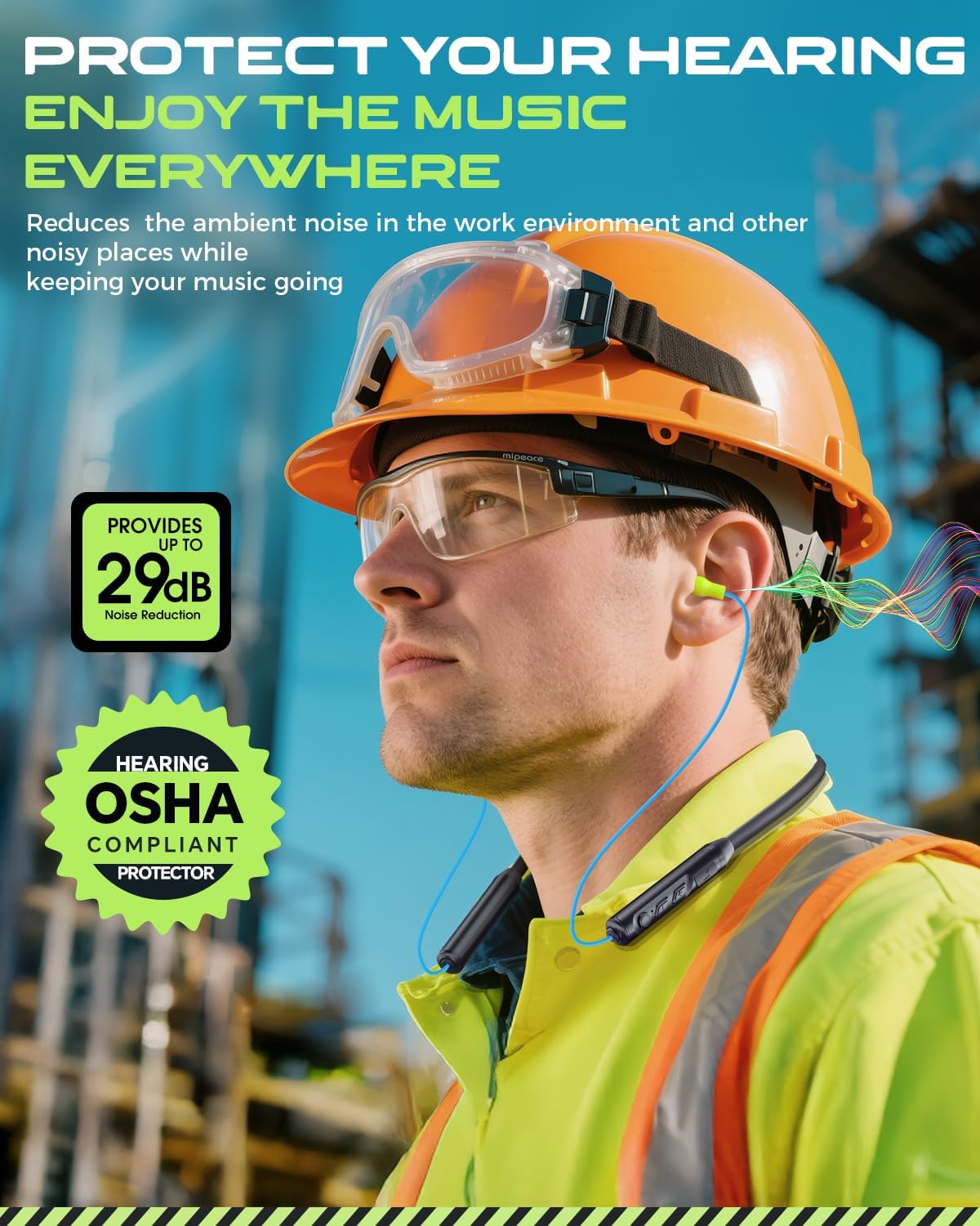 MIPEACE Bluetooth Earplug Headphones, Neckband Wireless Earbuds earplugs-29db Noise Reduction isolating in-Ear earplug Earphones with Controls,IPX6 sweatproof,20+Hour Battery(Blue Green) - Image 2