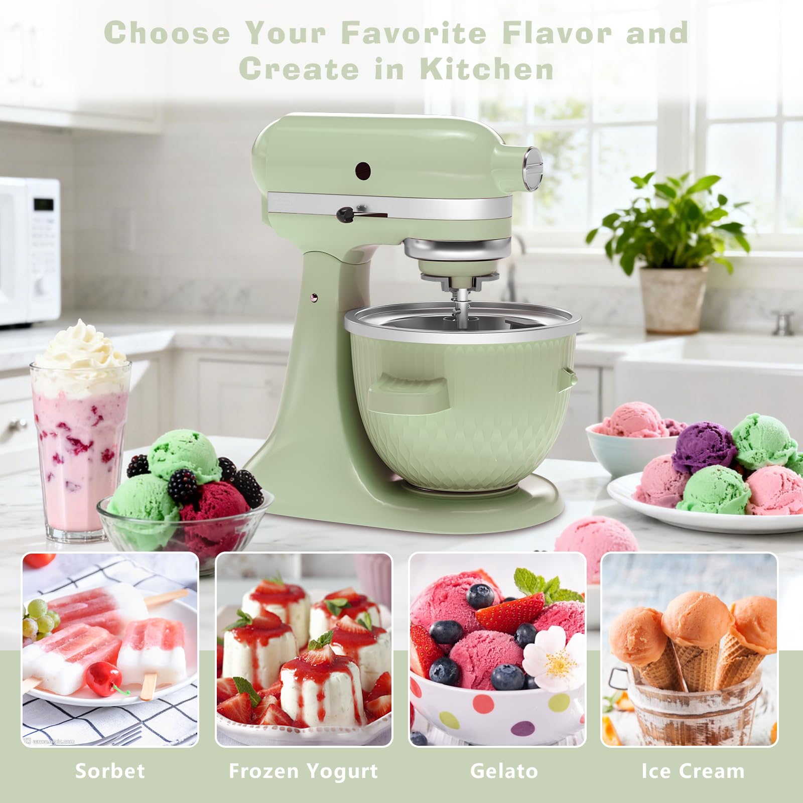 Accessoire pour machine à crème glacée KitchenAid, bol à crème glacée pour batteur sur socle KitchenAid de 4,5 L/5 QT, machine à sorbet et à gélato, vert clair