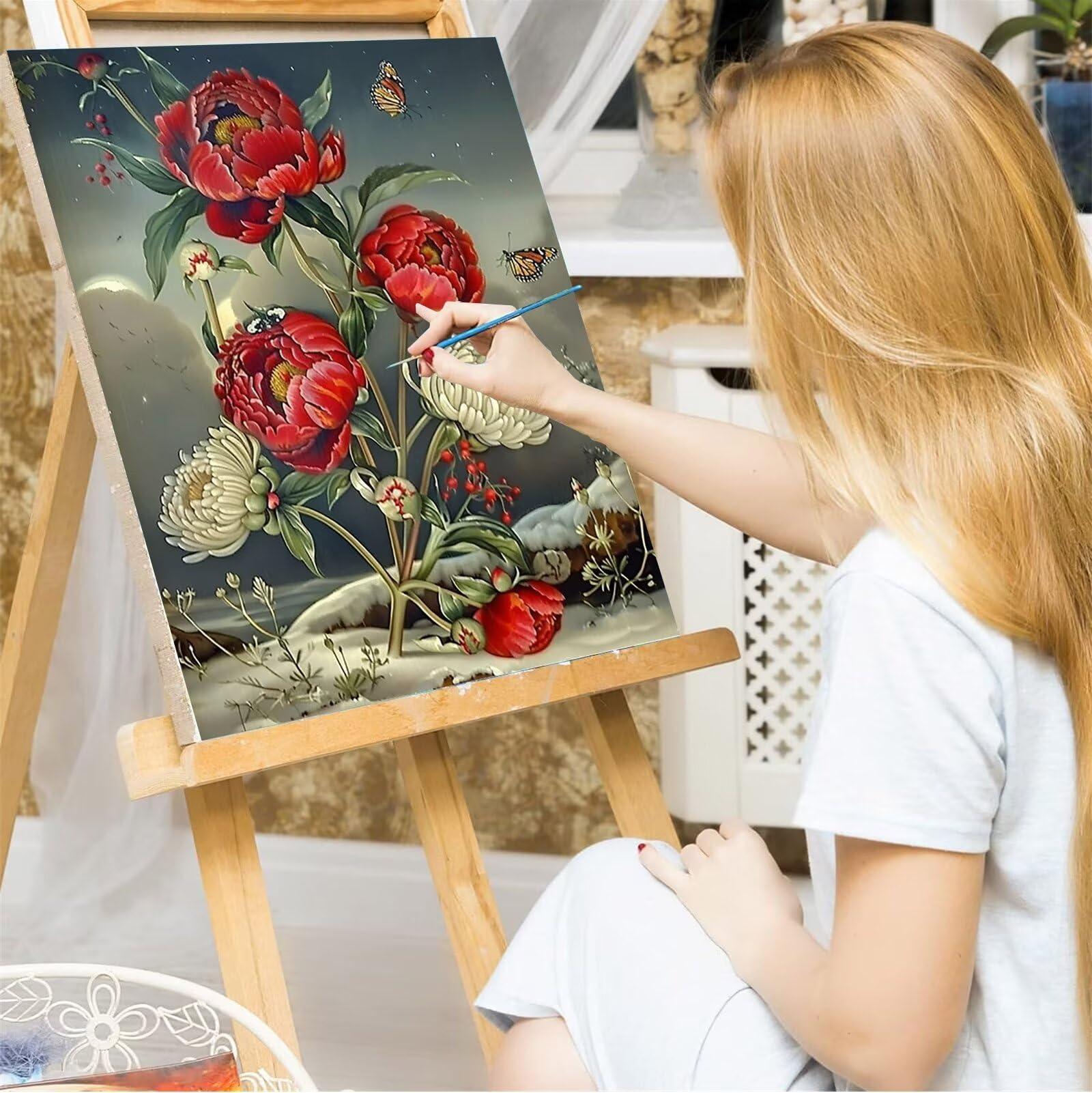Peepezo DIY Malen nach Zahlen Erwachsene Blumen Erwachsene Malen nach Zahlen Kits auf Leinwand Dramatisch Malen nach Zahlen Kunsthandwerk Geschenk für Home Wall Deco 60x80cm (mit Rahmen)
