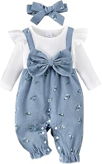 Baby Girls Clothes Romper Long Sleeve Floral Bow Print Jumpsuit Ribbed Knitted Outfits Spring Fall Bodysuits for Infant 1-18 Months