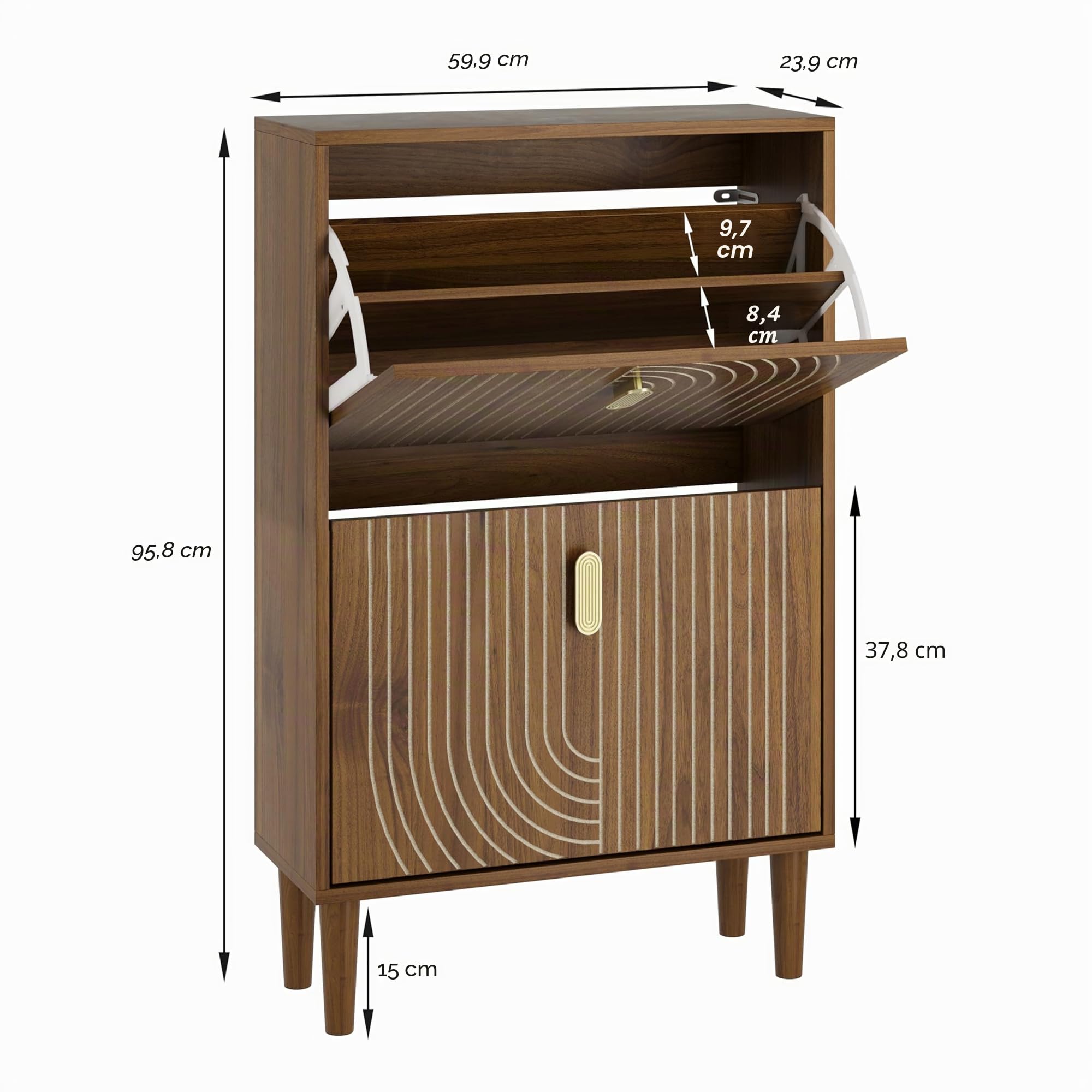 Smuxee Schuhschrank mit 2 Klappfächern, 60 cm Nussbaum Optik Schuhschrank mit Rillendesign, freistehender Schuhorganizer für Flur, Diele & Wohnzimmer