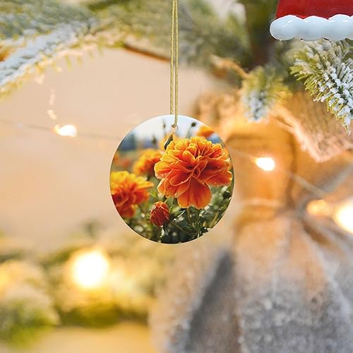 Adornos de cerámica para árbol de Navidad, flores de caléndula, flores de otoño, adornos redondos de cerámica, decoraciones divertidas de Navidad,