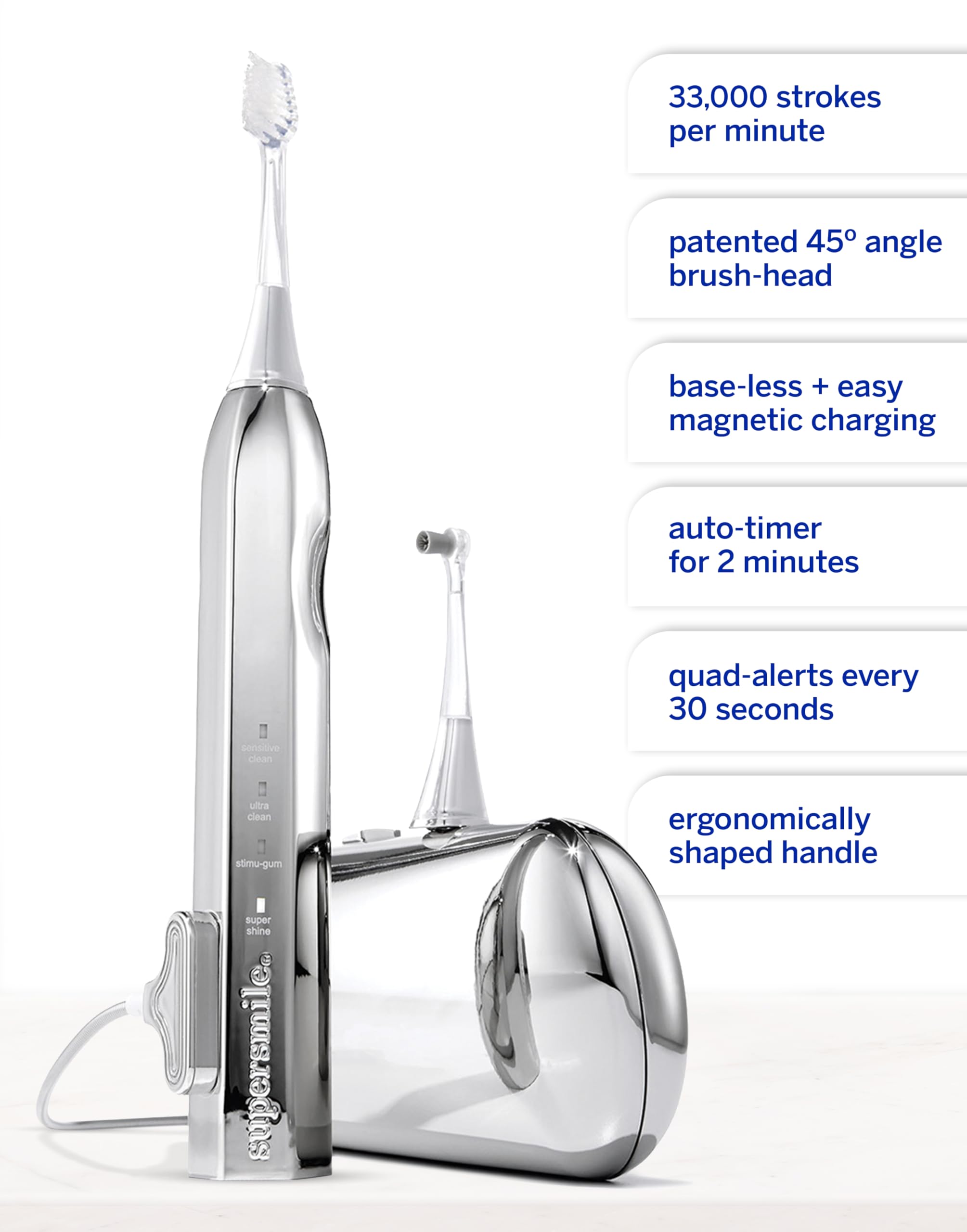Supersmile Zina45™ Deluxe Sonic Pulse Toothbrush – Rechargeable Electric Brush with Angled Head & Travel Case – for Whiter Teeth and Healthier Gums