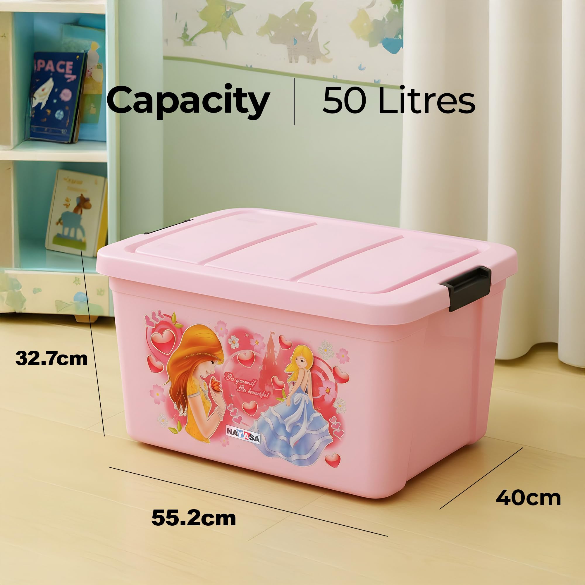 Nayasa Toy Box 50 Ltr With Lid Plastic Storage Box | basket for storage | Toys & Kids Room Use, Pink 1